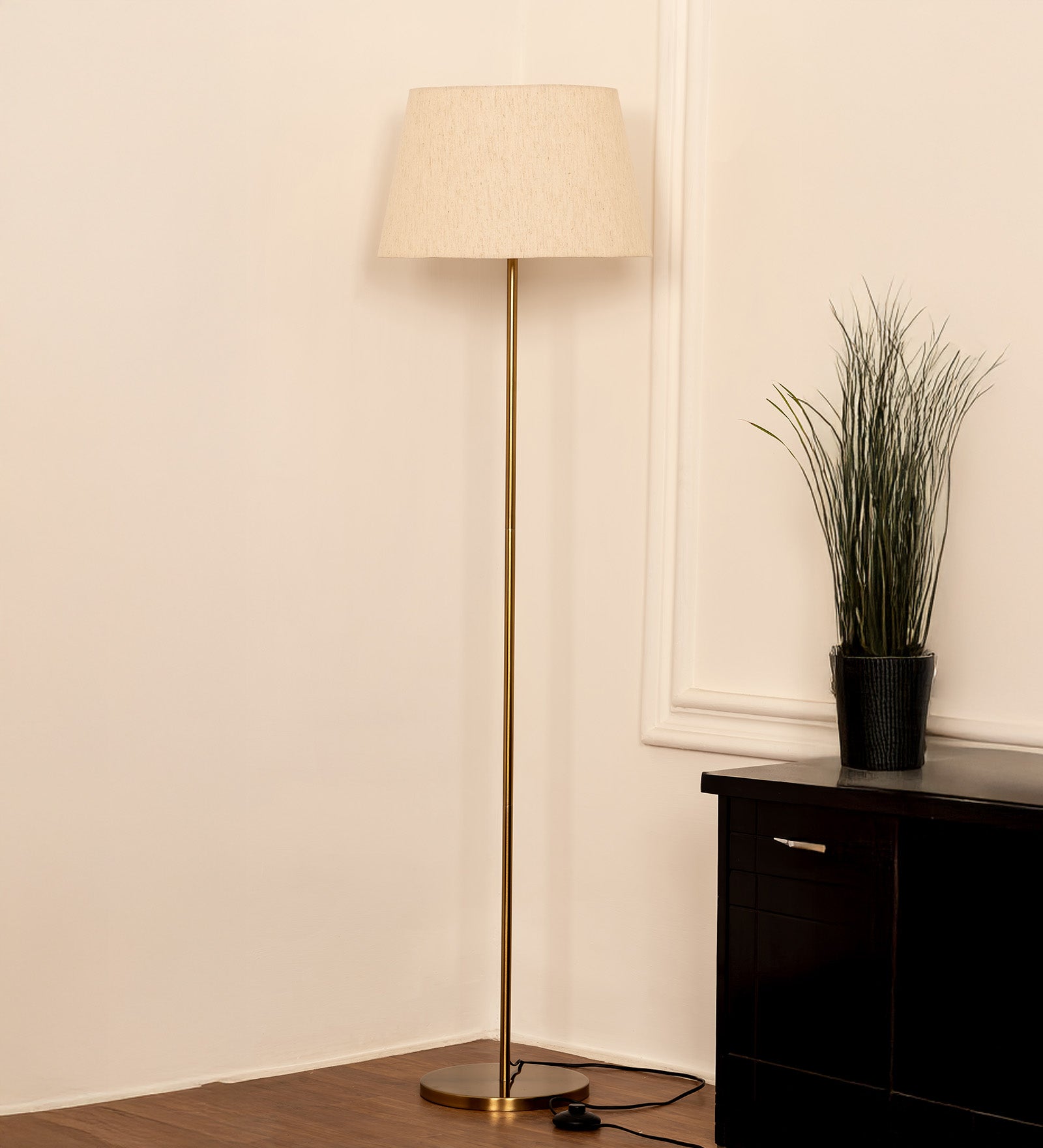 Floor Lamp Standing Modern Brass Antique Finish 5ft Height with 16 inches Off White Lampshade