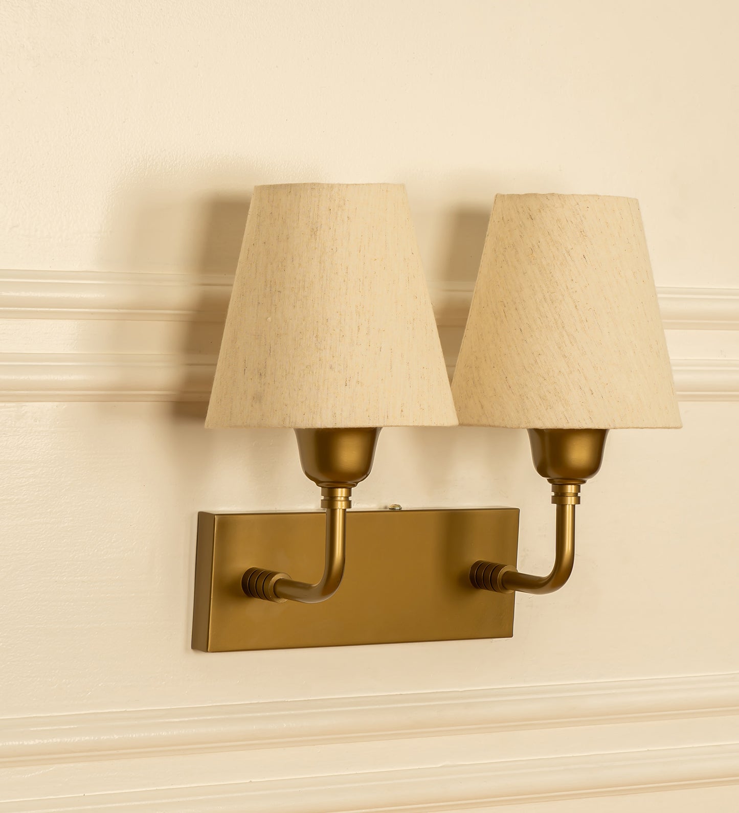 Double Elbow Wall Lamp with Off White Fabric Shade