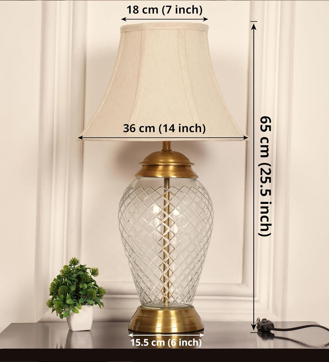 Royal Brass Antique Finish And Diamond Cut Glass Table Lamp 23 Inches Height With Off White Bell 14 Inches Diameter Lampshade
