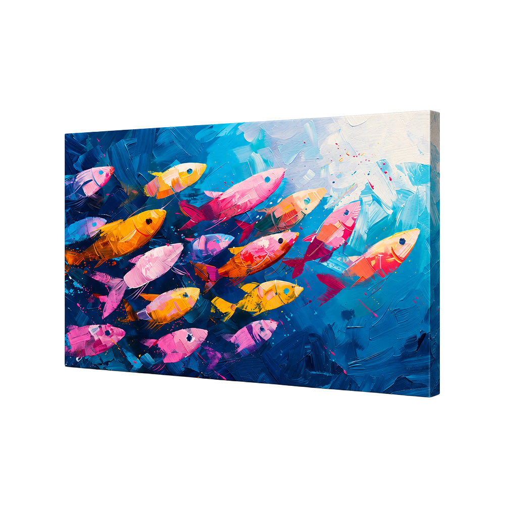 Colorful Fish School Wall Painting | Canvas Wall Art for Living Room, Bedroom & Office