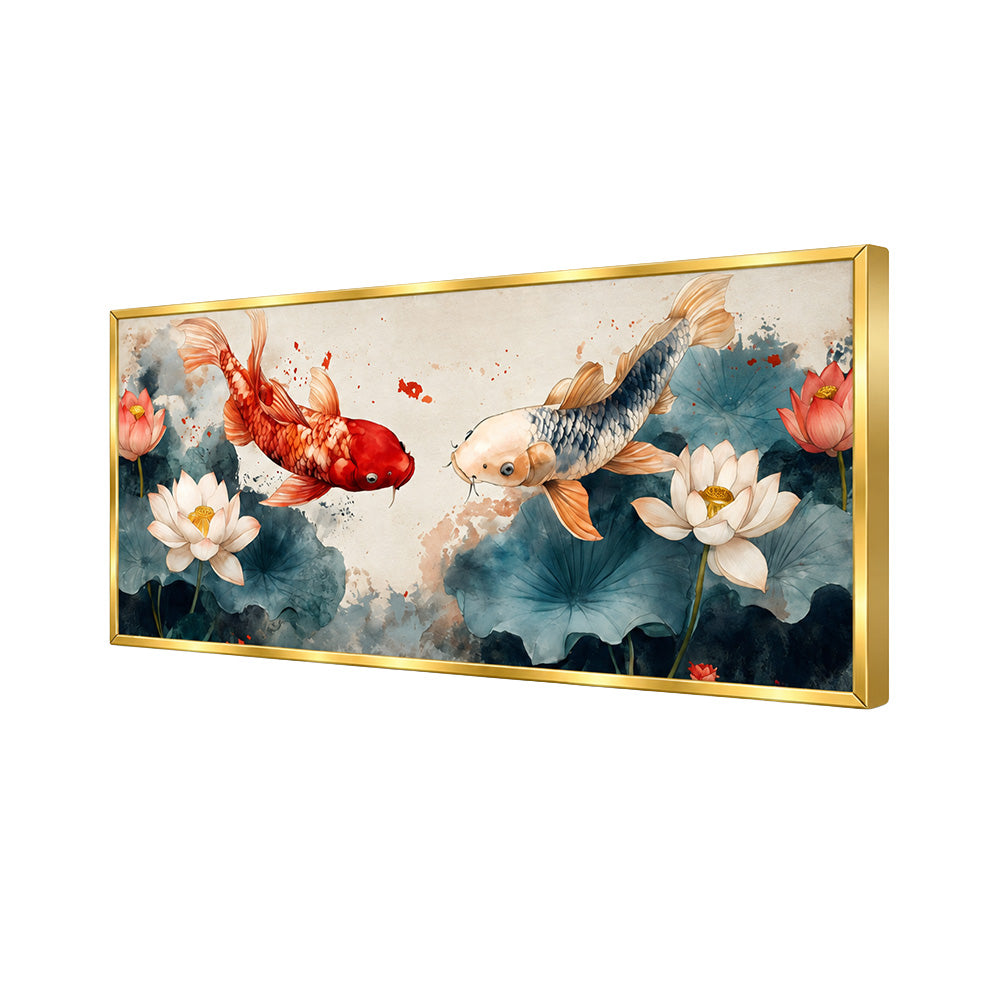 Koi Fish Panorama Wall Painting | Canvas Wall Art for Living Room, Bedroom & Office