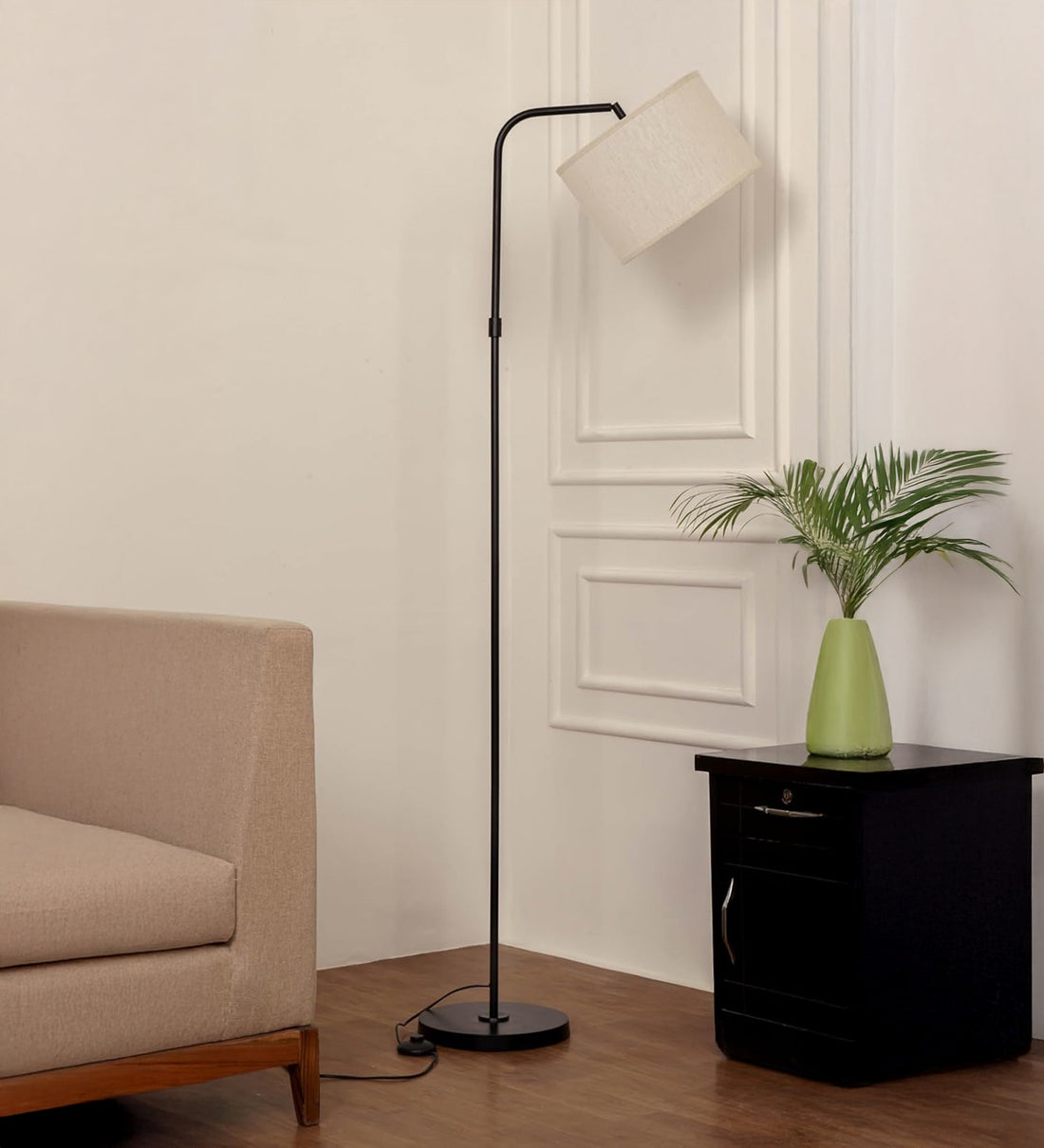 Black Modern Arc Floor Lamp 6Ft Height with 12 inches Off White Drum Lampshade with Adjustable Shade Angle