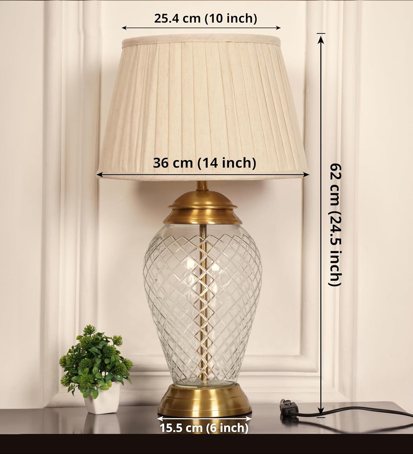 Royal Brass Antique Finish And Diamond Cut Glass Table Lamp 23 Inches Height With Off White Pleated 14 Inches Diameter Lampshade