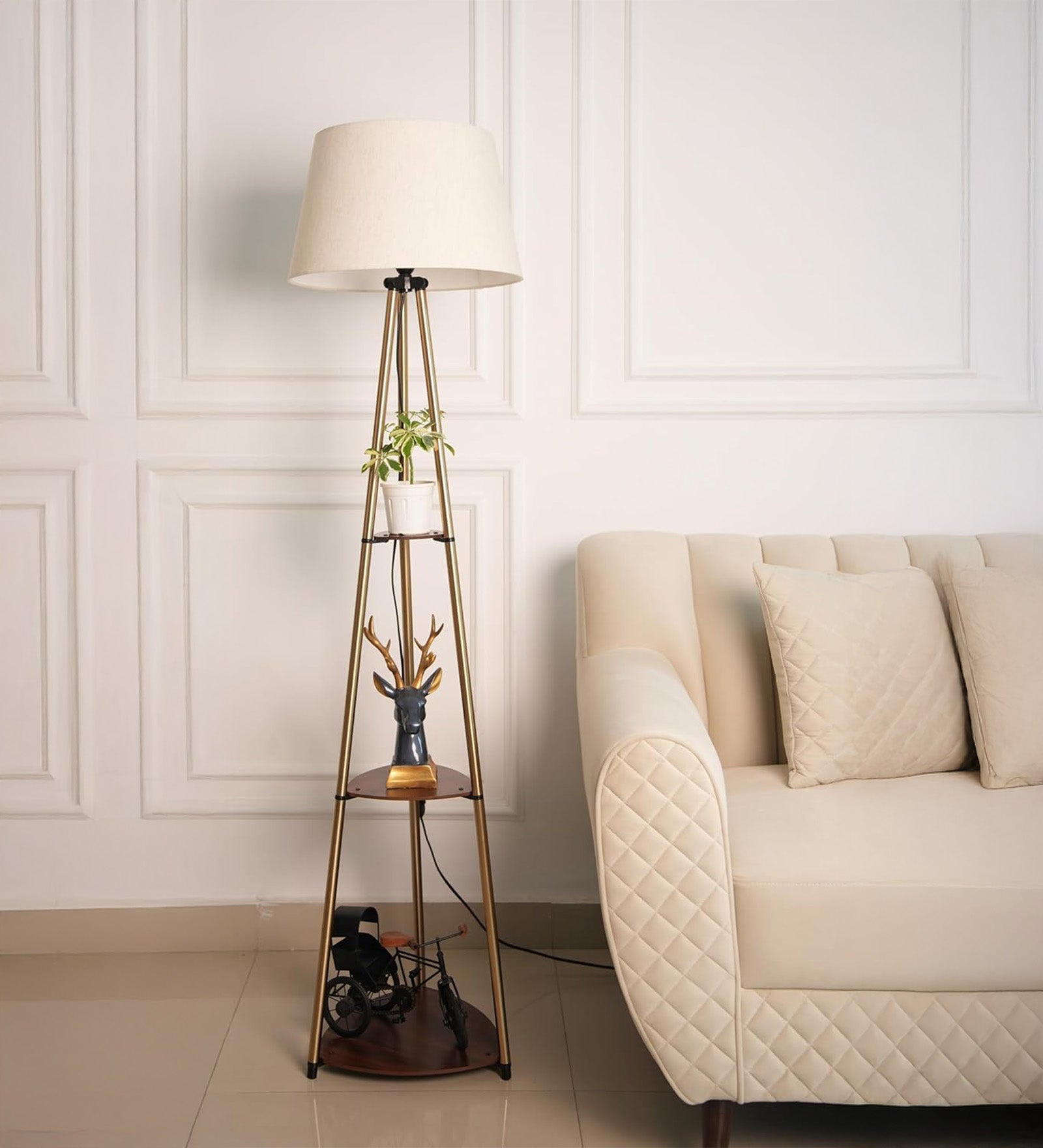 Antique Brass 3-Shelf Floor Lamp (5 ft) – 16″ Shade