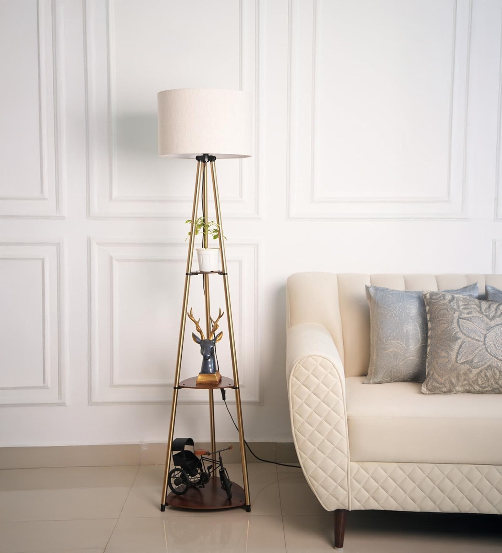 3 Shelves Floor Lamp Brass Antique Finish 5 Feet Height with 14” Diameter Off White Drum Shade