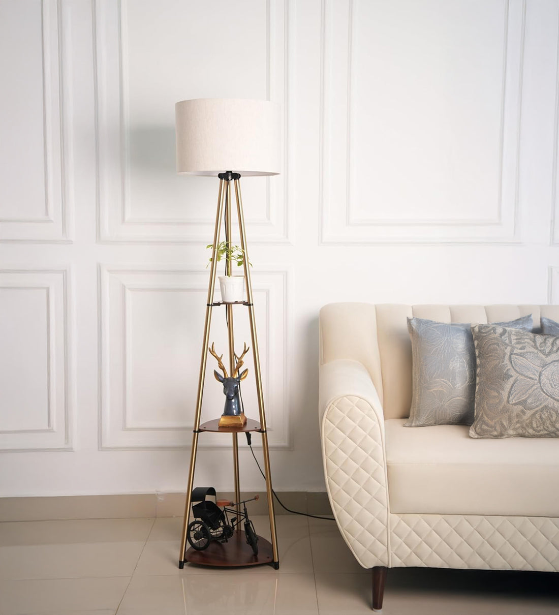 3 Shelves Floor Lamp Brass Antique Finish 5 Feet Height with 14” Diameter Off White Drum Shade