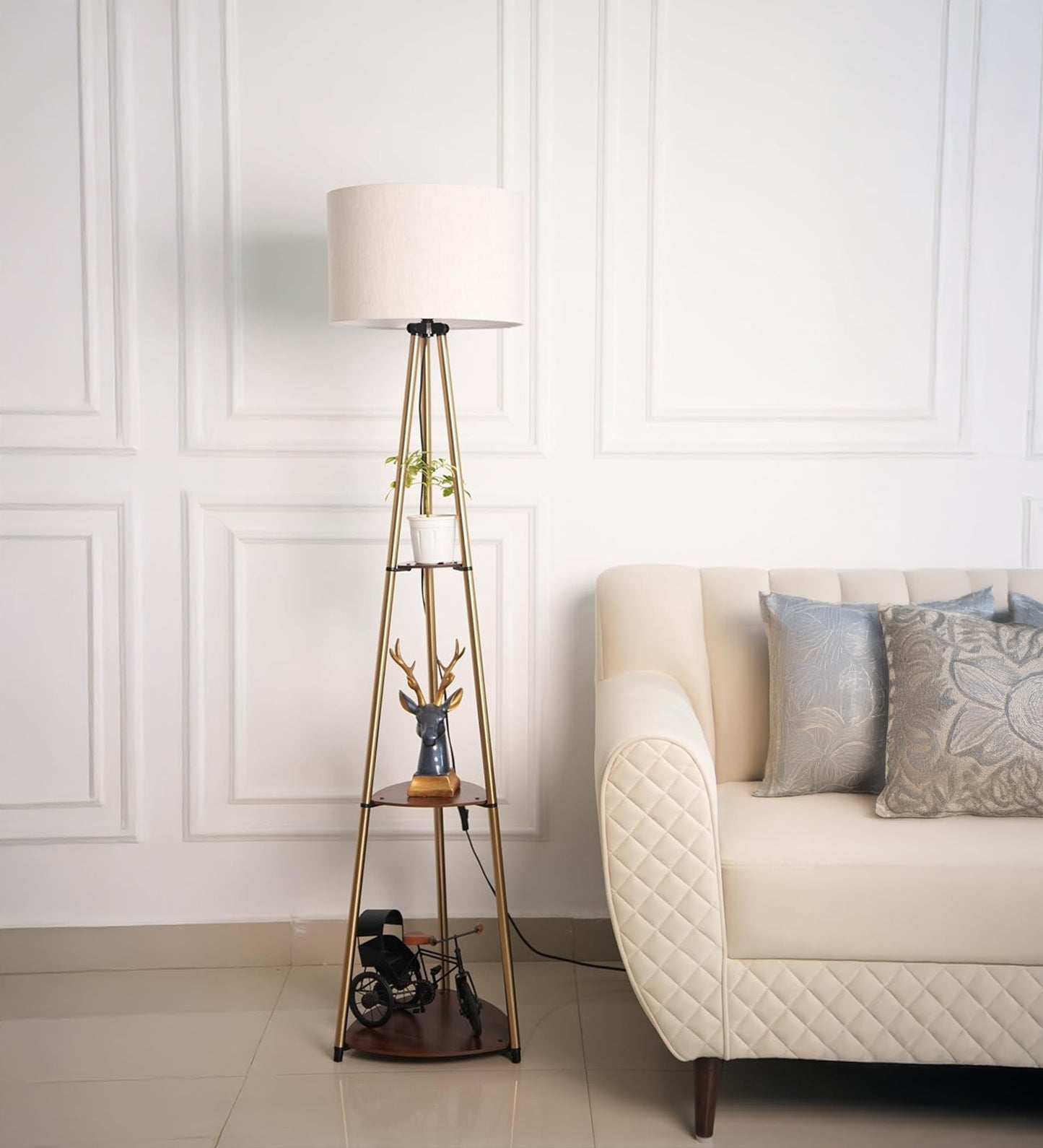 Antique Brass 3-Shelf Floor Lamp (5 ft) – 14″ Shade