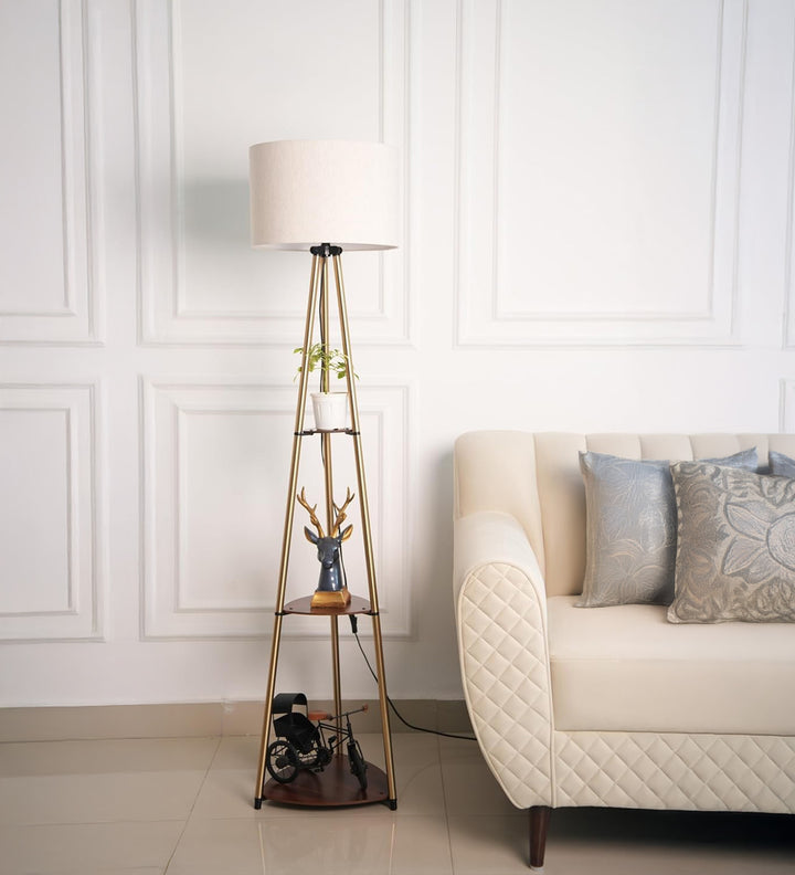 3 Shelves Floor Lamp Brass Antique Finish 5 Feet Height with 14” Diameter Off White Drum Shade