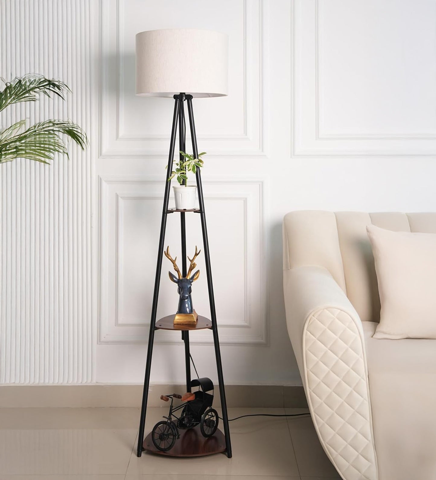 3 Shelf Floor Lamp Black with 14" Drum Shade