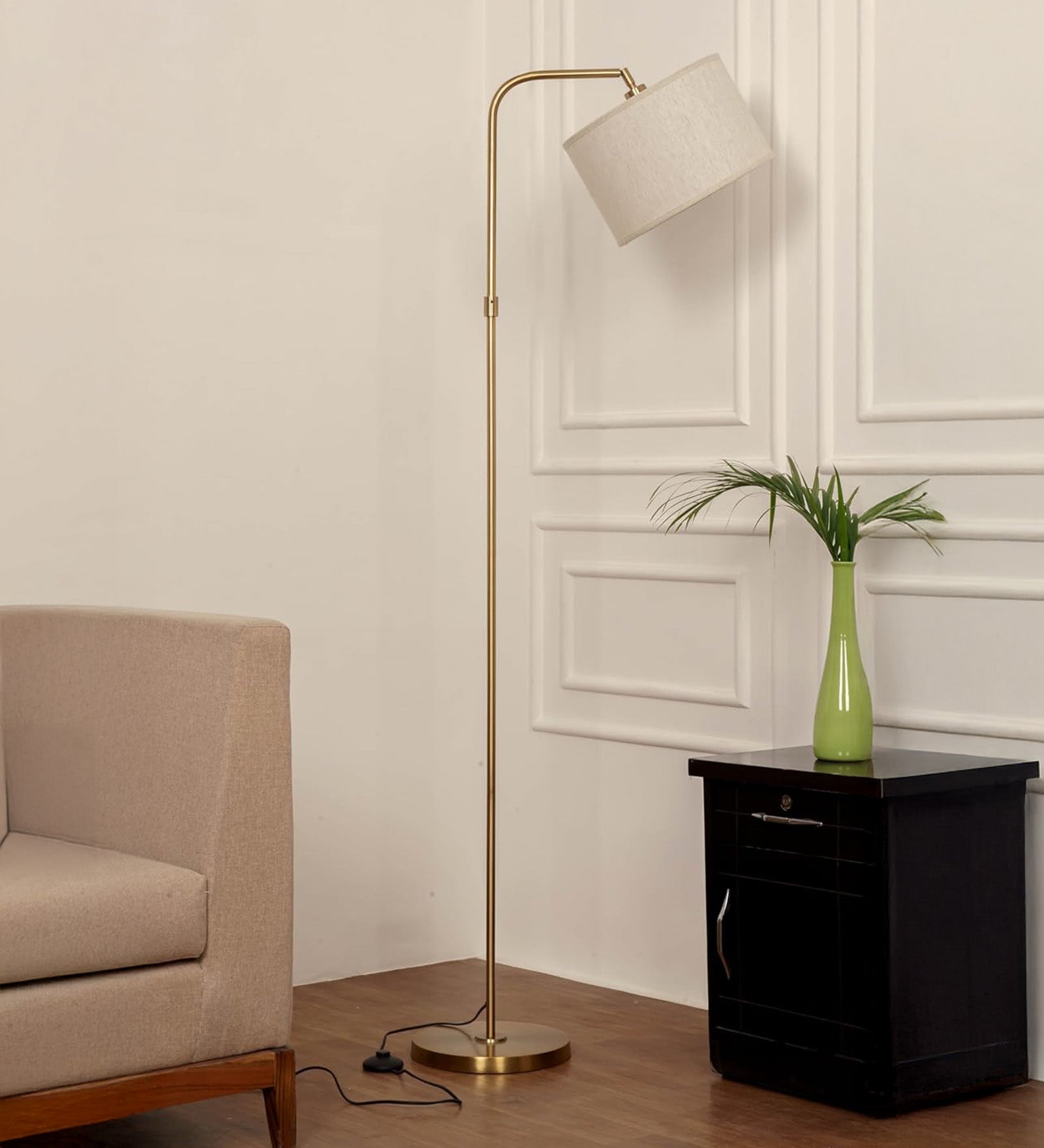 Brass Antique Finish Modern Arc Floor Lamp 6Ft Height with 12 inches Off White Drum Lampshade with Adjustable Shade Angle