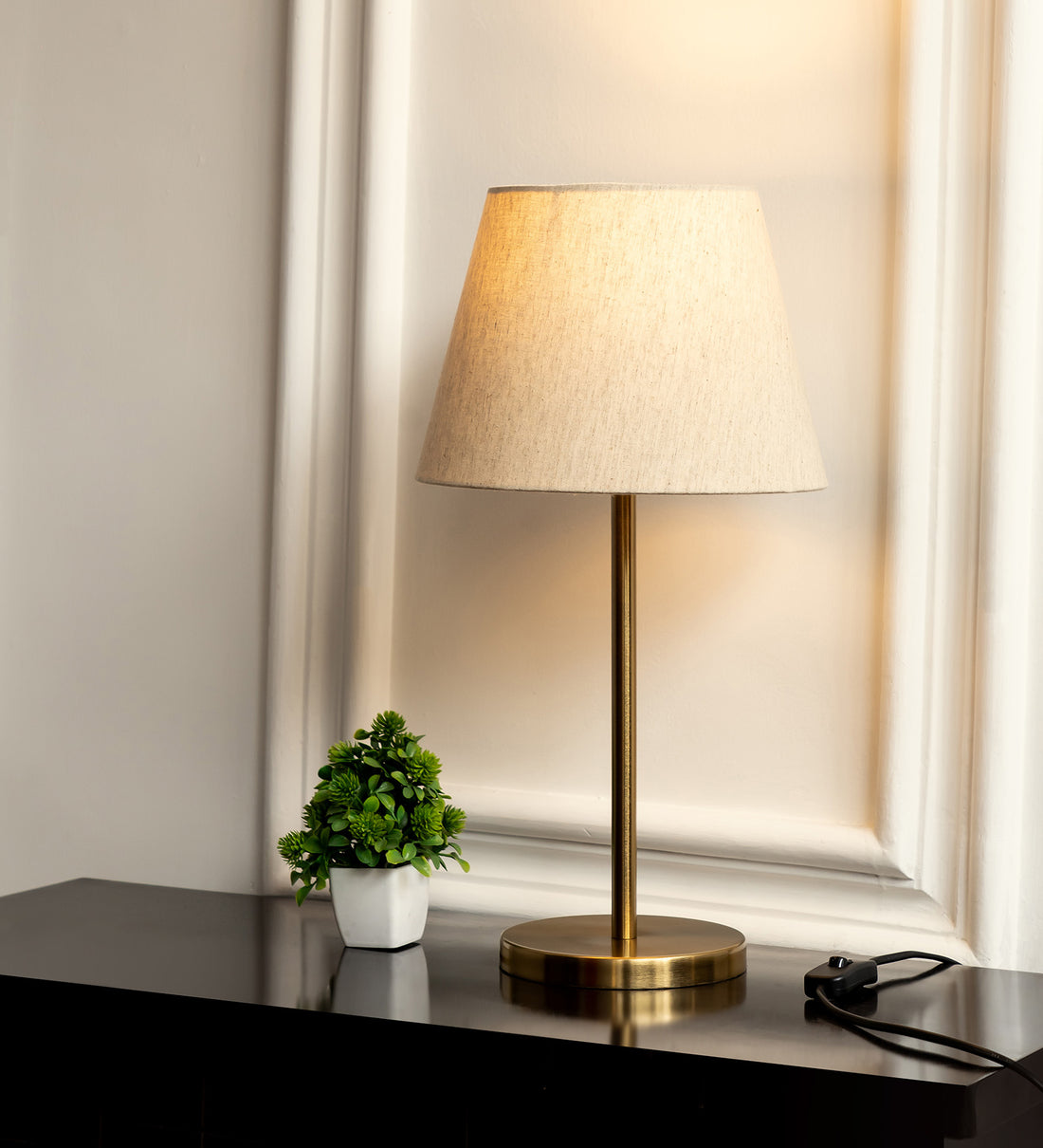 Table Lamp Antique Brass Finish 19 inches Height with 10" Bottom Diamater Off White Tapered Lampshade