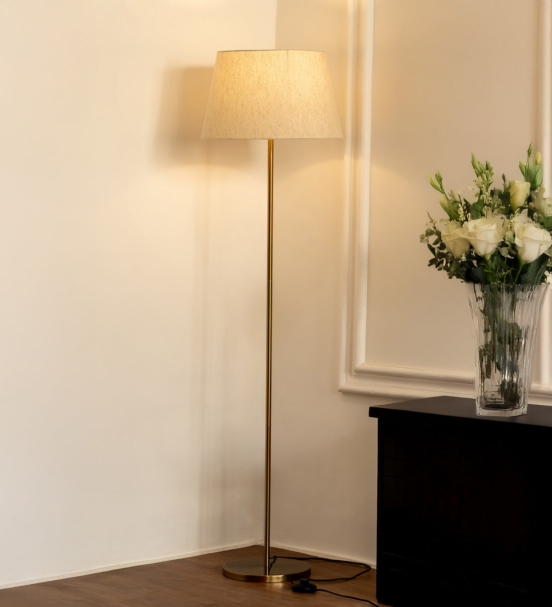 Floor Lamp Standing Modern Brass Antique Finish 5ft Height with 16 inches Off White Lampshade