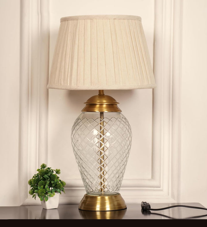 Royal Brass Antique Finish And Diamond Cut Glass Table Lamp 23 Inches Height With Off White Pleated 14 Inches Diameter Lampshade