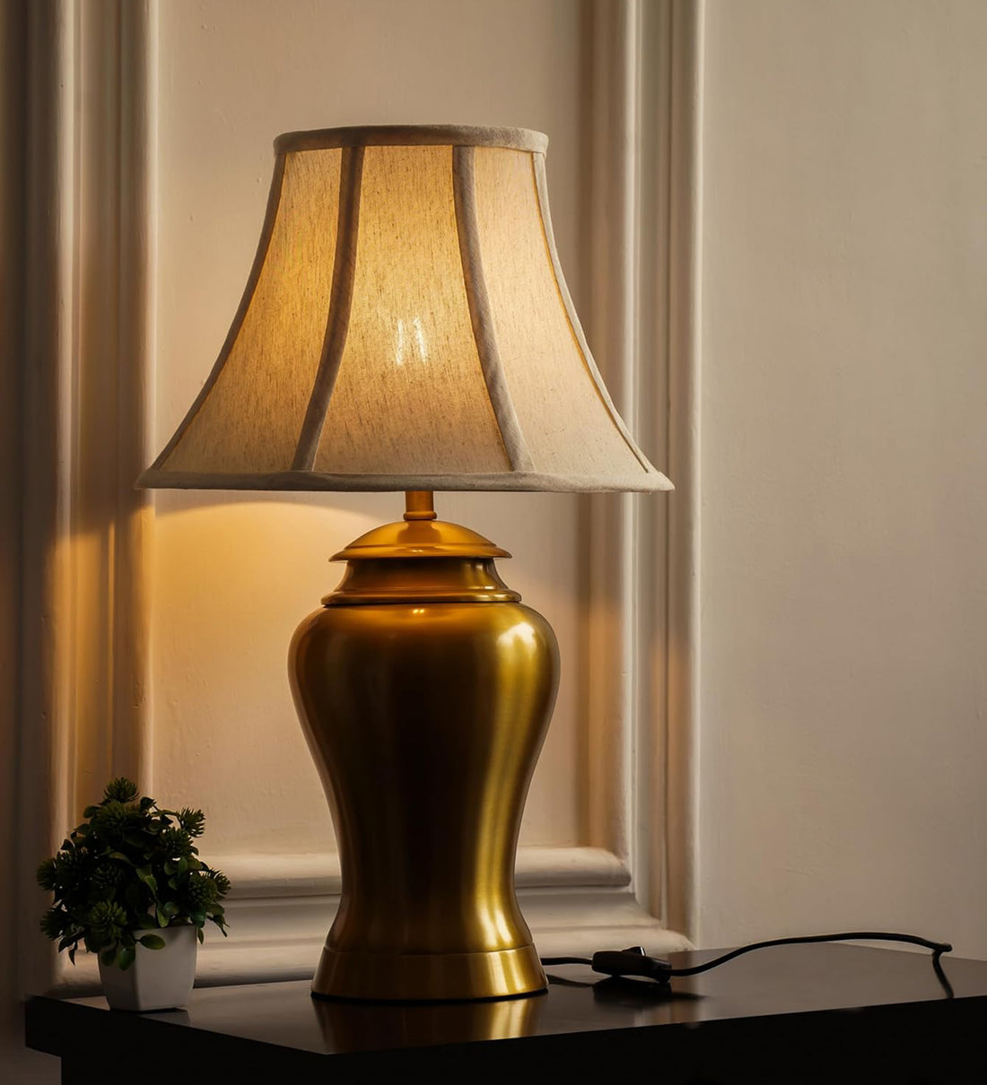 Royal Brass Antique Gold Finish Table Lamp 23 Inches Height With Off White 14 Inches Bell Diameter Lampshade