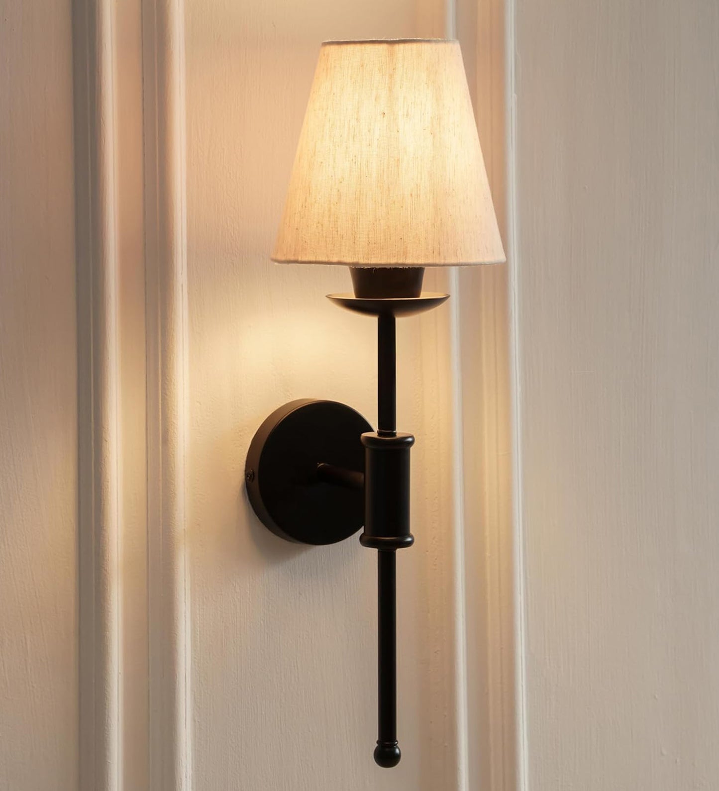 Black Spacer Wall Lamp with Off White Fabric Shade