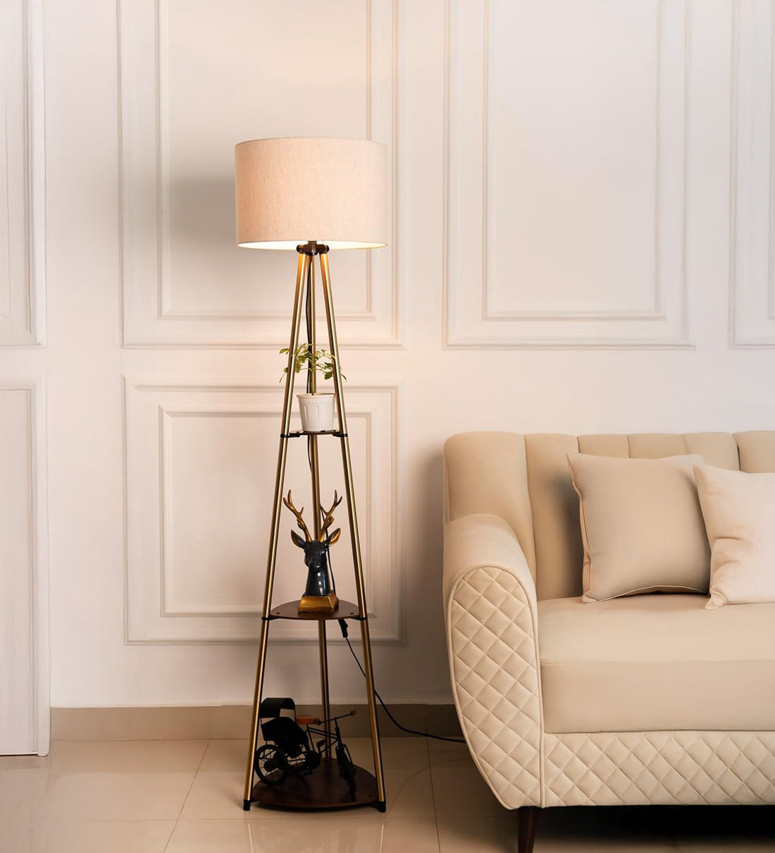 3 Shelves Floor Lamp Brass Antique Finish 5 Feet Height with 14” Diameter Off White Drum Shade