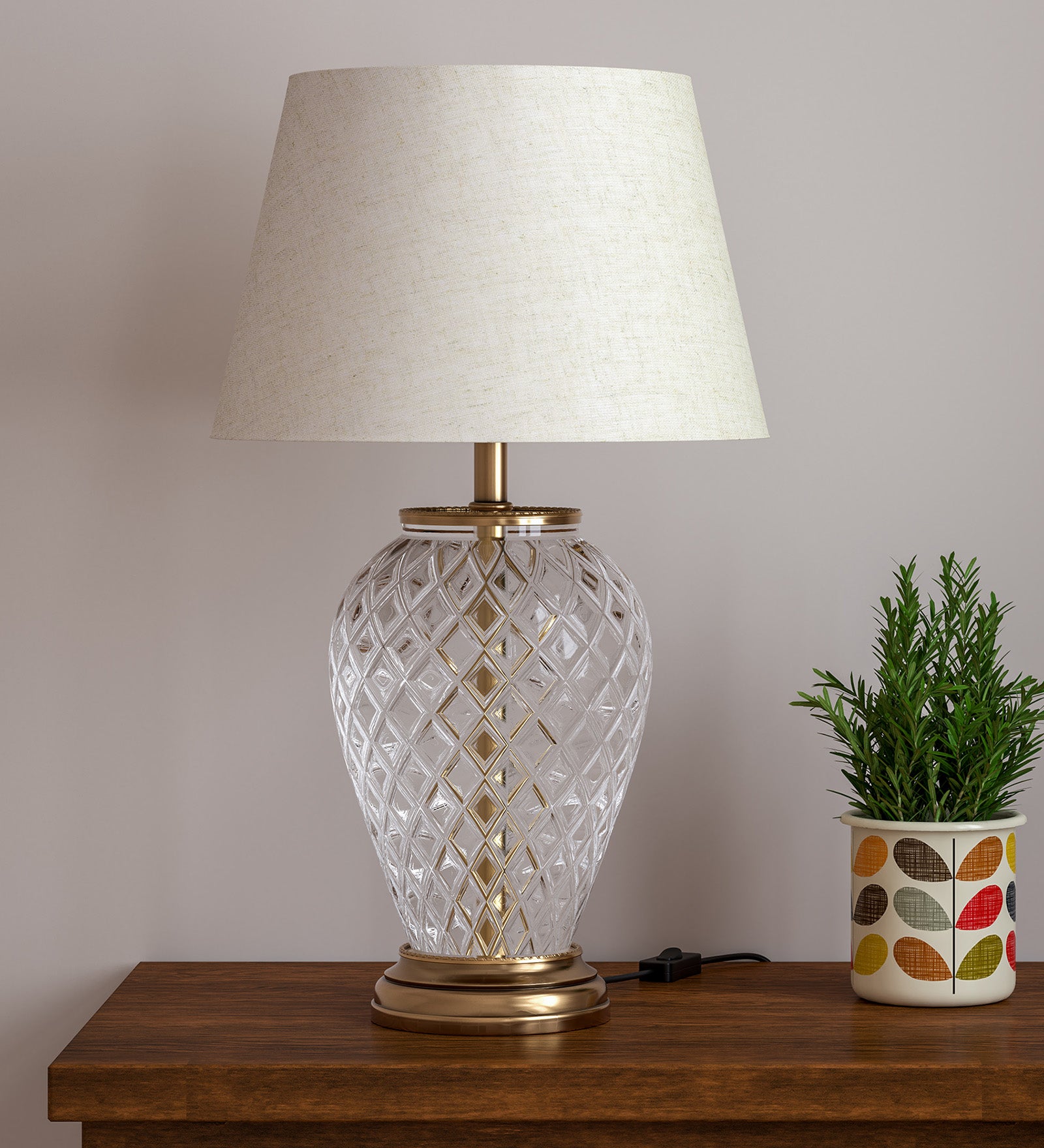 Royal Brass Antique Finish And Diamond Cut Glass Table Lamp 23 Inches Height With Off White 14 Inches Diameter Lampshade