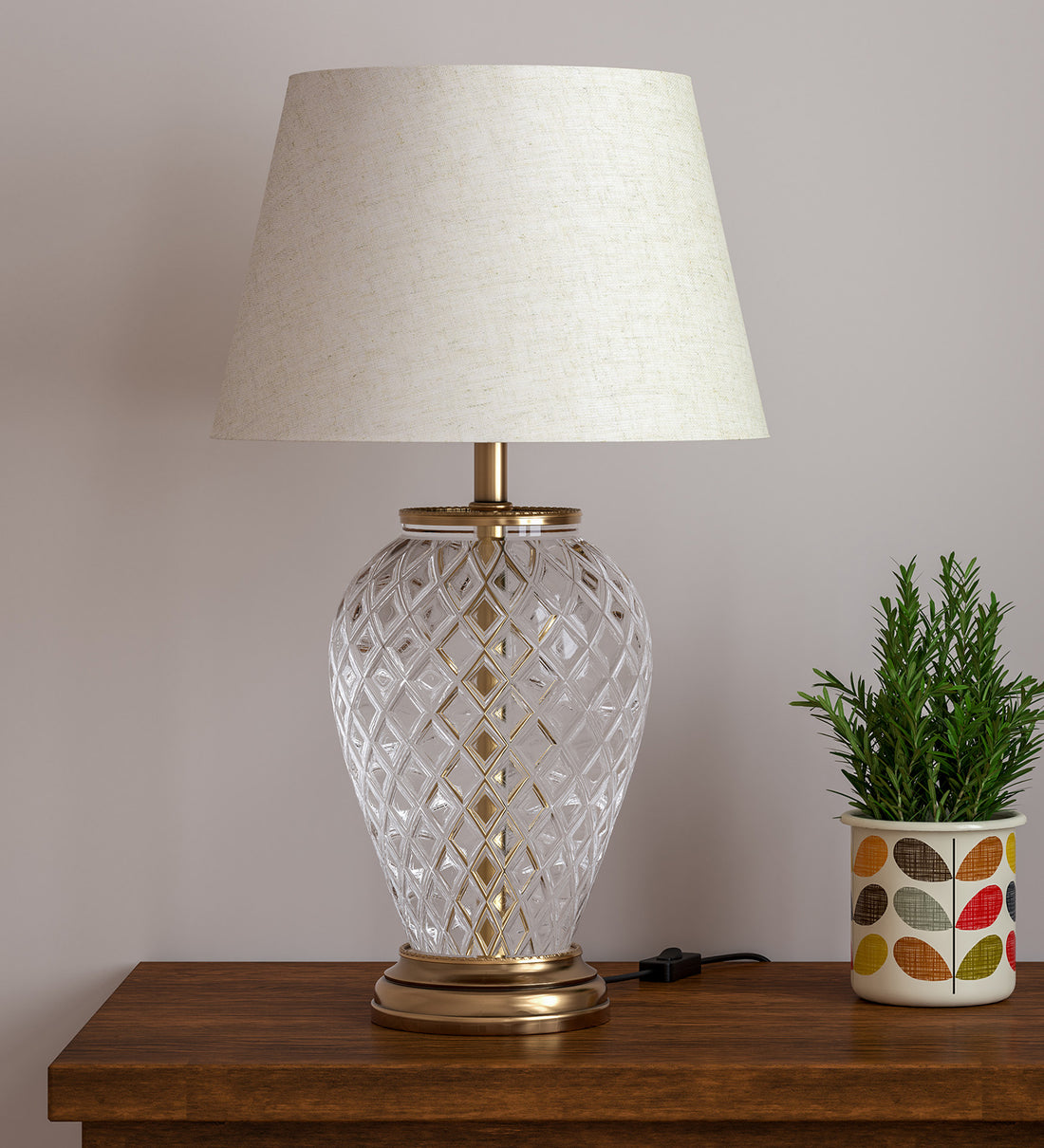 Royal Brass Antique Finish And Diamond Cut Glass Table Lamp 23 Inches Height With Off White 14 Inches Diameter Lampshade