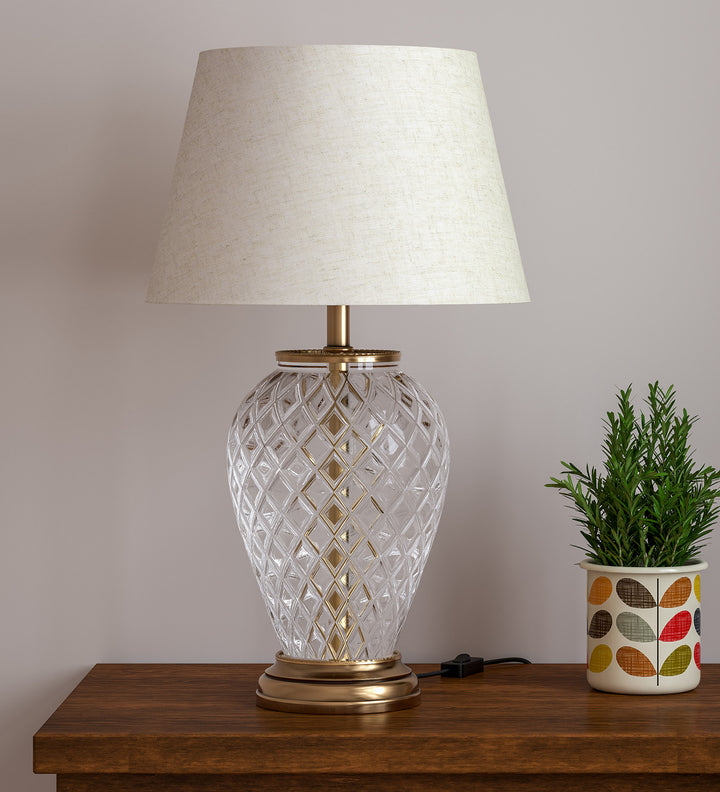 Royal Brass Antique Finish And Diamond Cut Glass Table Lamp 23 Inches Height With Off White 14 Inches Diameter Lampshade