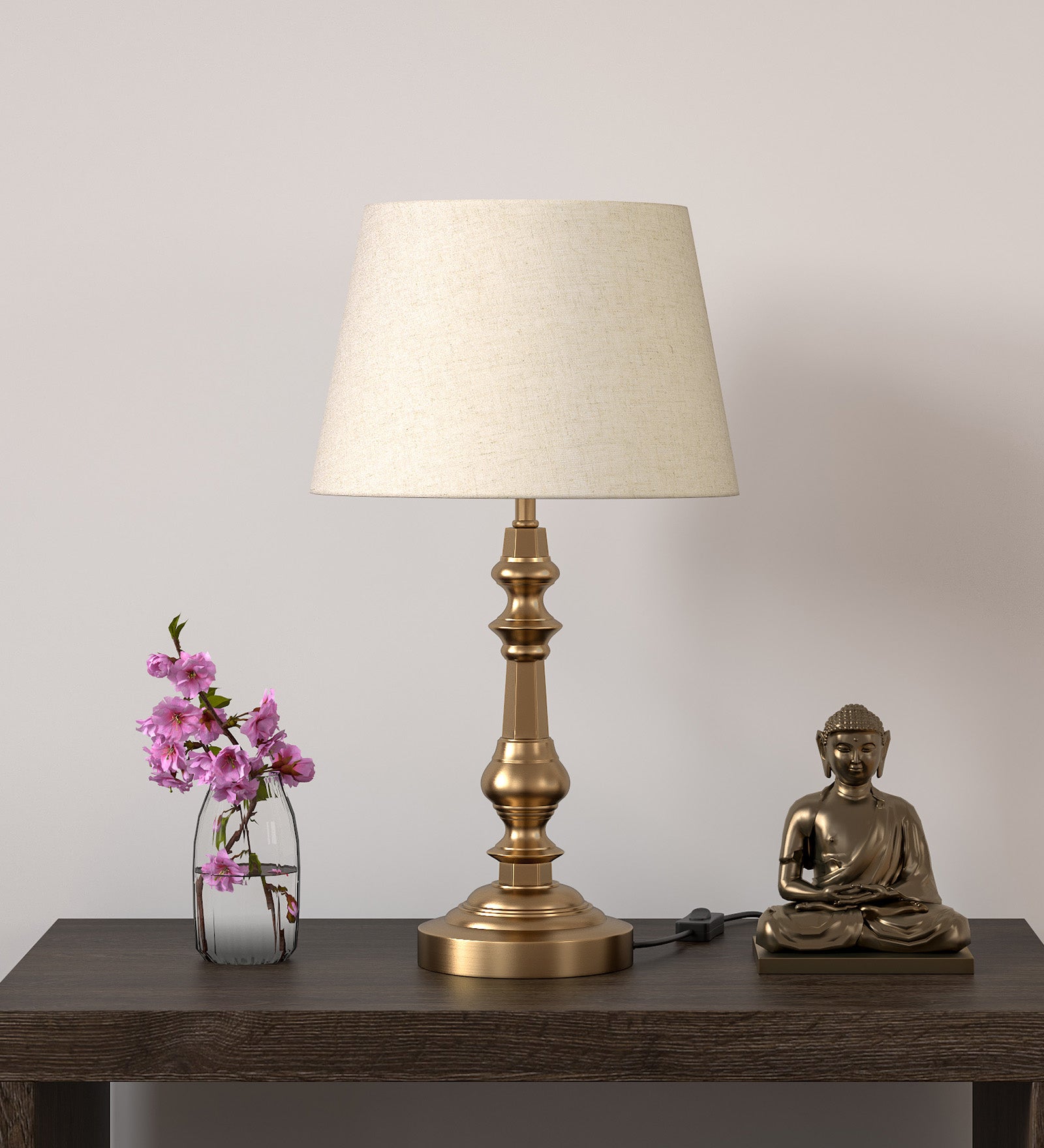 Table Lamp Brass Antique Gold Finish 21 inches Height with Off White 12 inches Diameter Lampshade