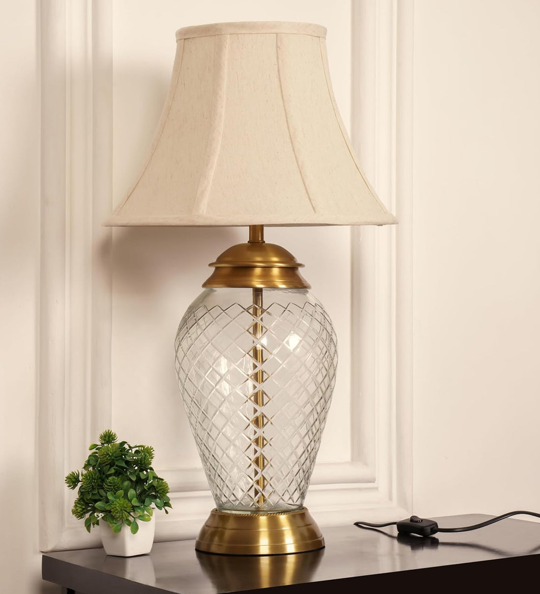 Royal Brass Antique Finish And Diamond Cut Glass Table Lamp 23 Inches Height With Off White Bell 14 Inches Diameter Lampshade