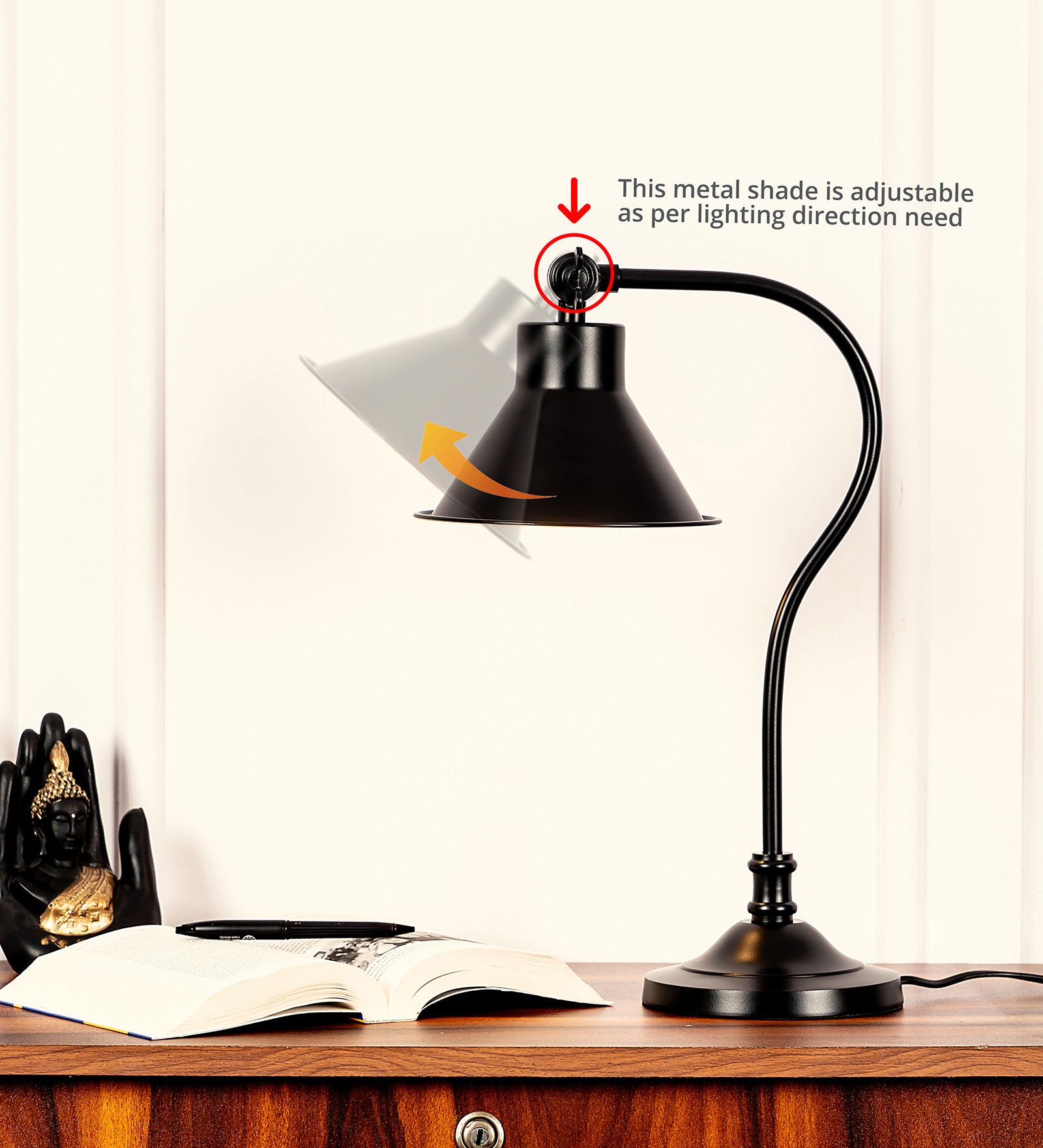Study Desk Office Reading Curved Black Polished Table Lamp with Adjustable Head Shade