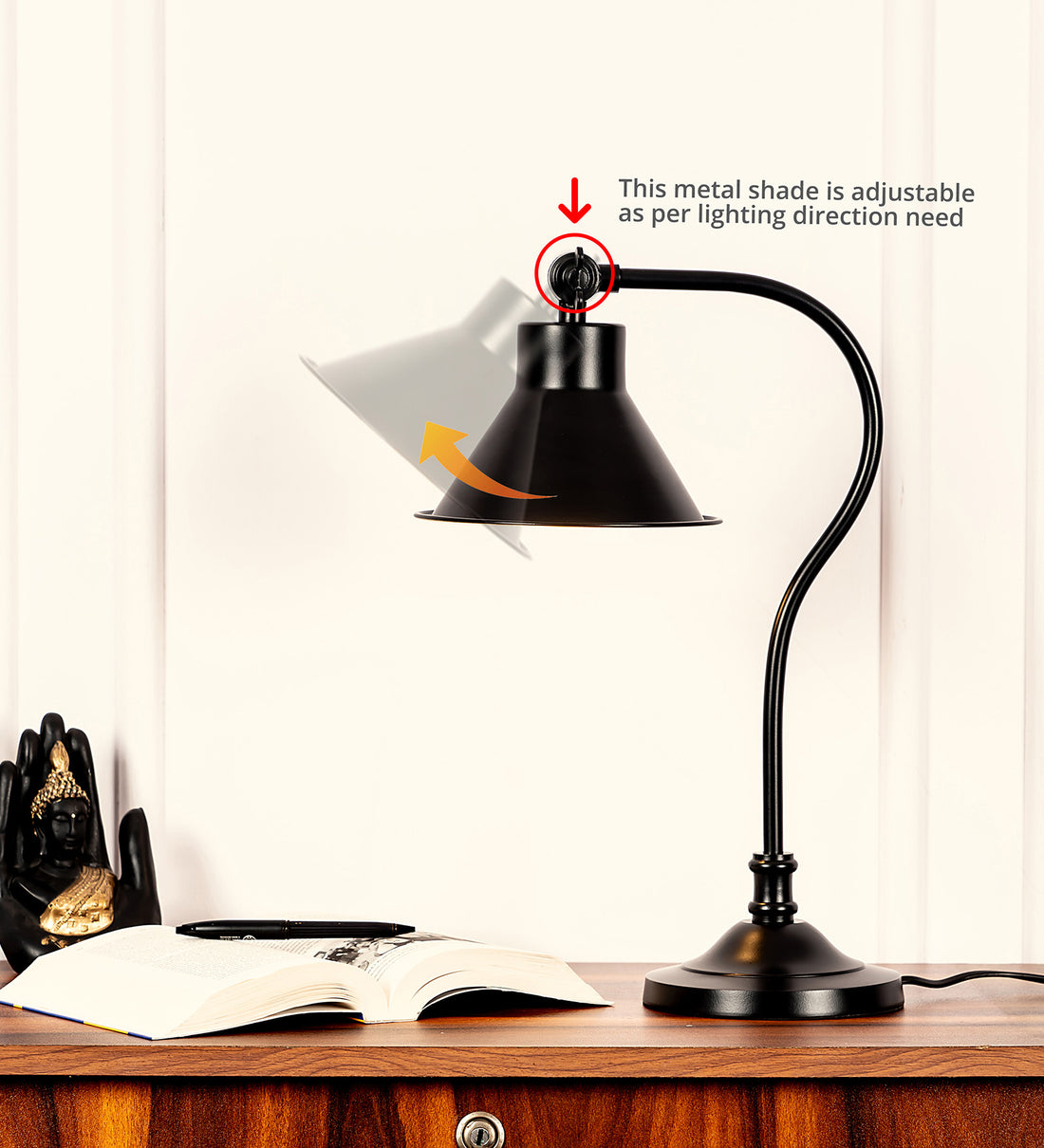 Study Desk Office Reading Curved Black Polished Table Lamp with Adjustable Head Shade