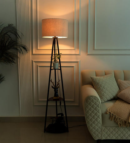 3 Shelf Floor Lamp Black with 14" Drum Shade