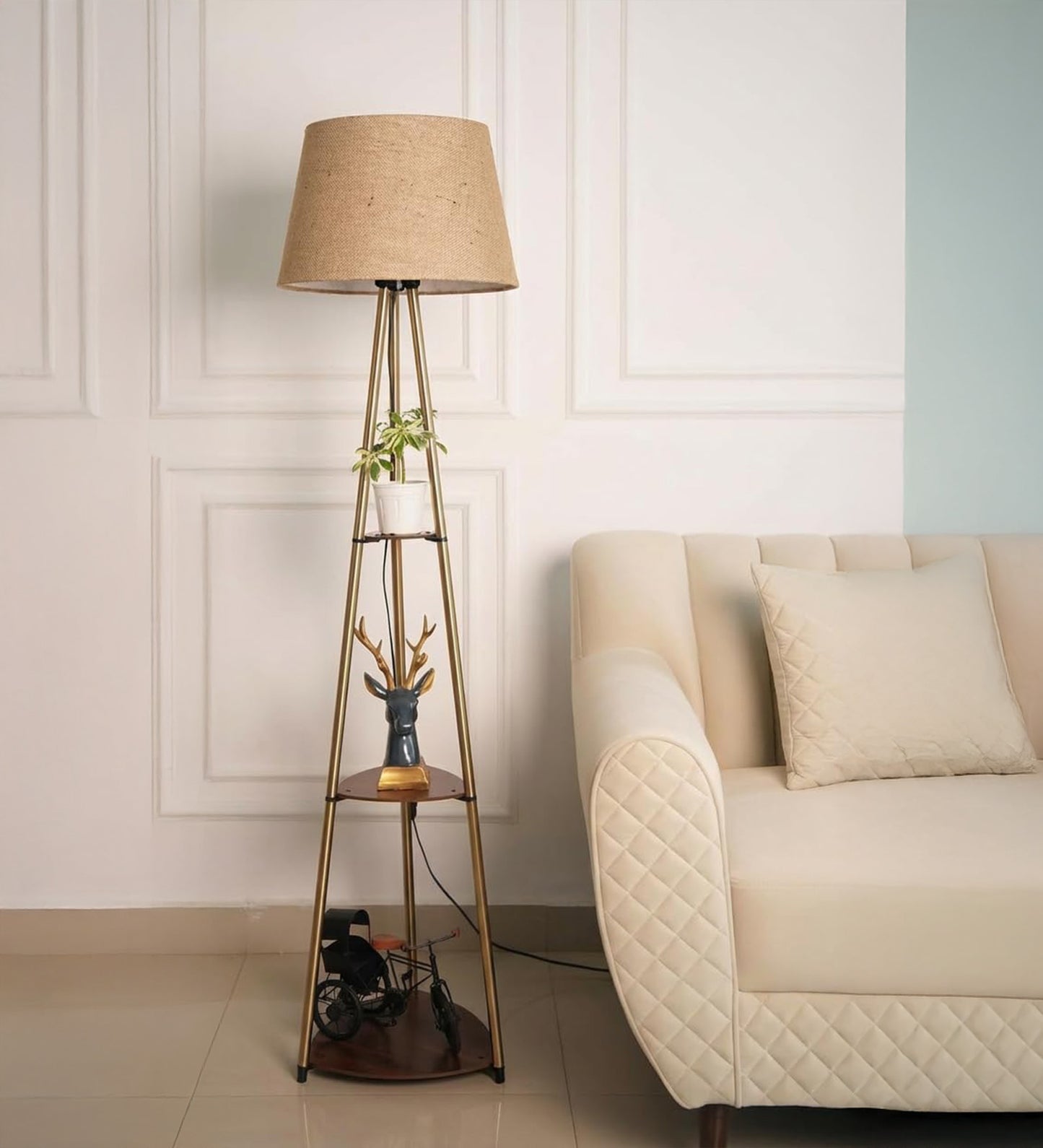 3 Shelf Floor Lamp Antique Brass with Jute Shade