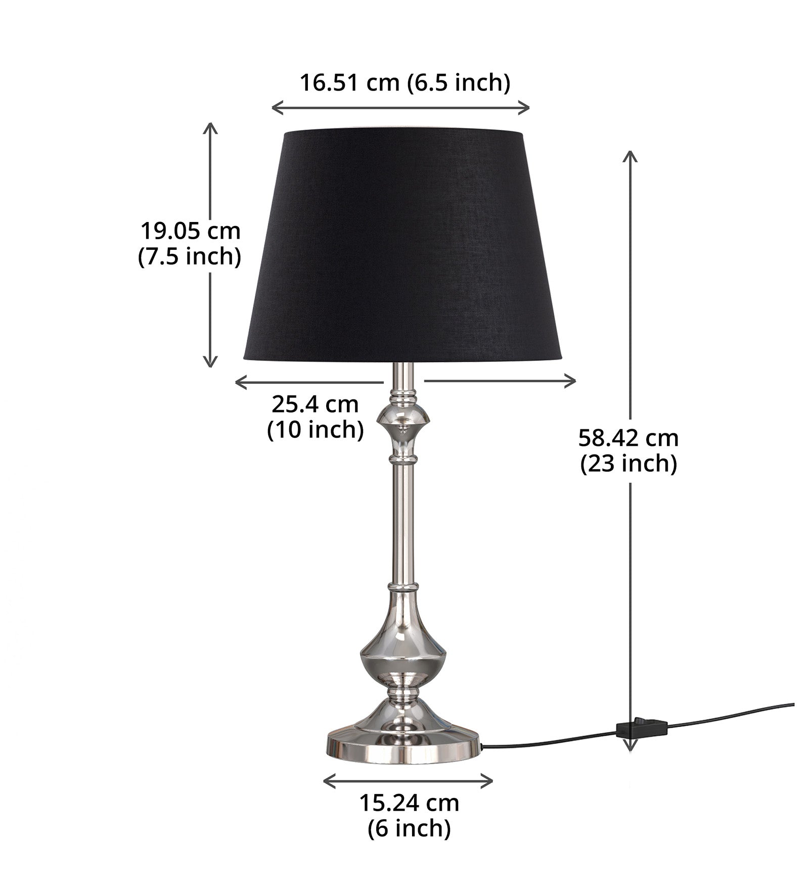 Nickel Silver Finish Aluminium Table Lamp 22 Inches Height with Black 10 inches Diameter Lampshade