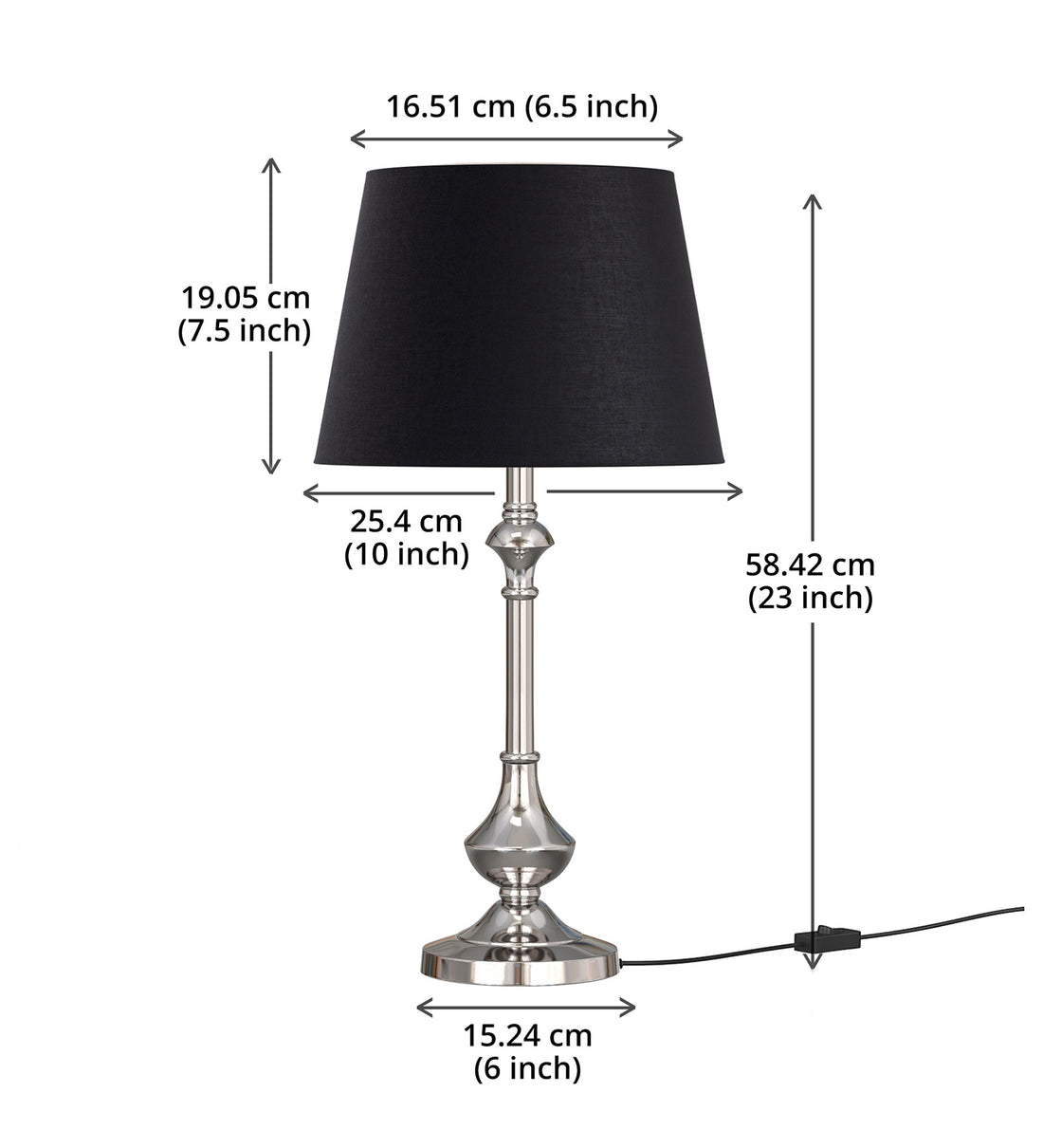 Nickel Silver Finish Aluminium Table Lamp 22 Inches Height with Black 10 inches Diameter Lampshade