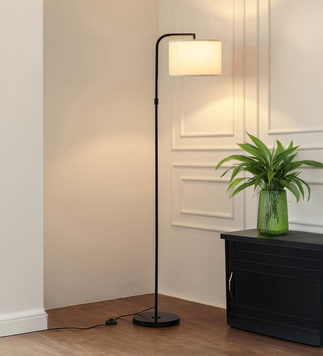 Black Modern Arc Floor Lamp 6Ft Height with 12 inches Off White Drum Lampshade with Adjustable Shade Angle