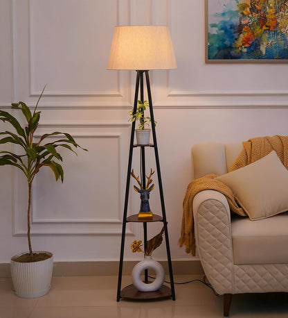 3 Shelf Floor Lamp Black with 16" Off White Shade