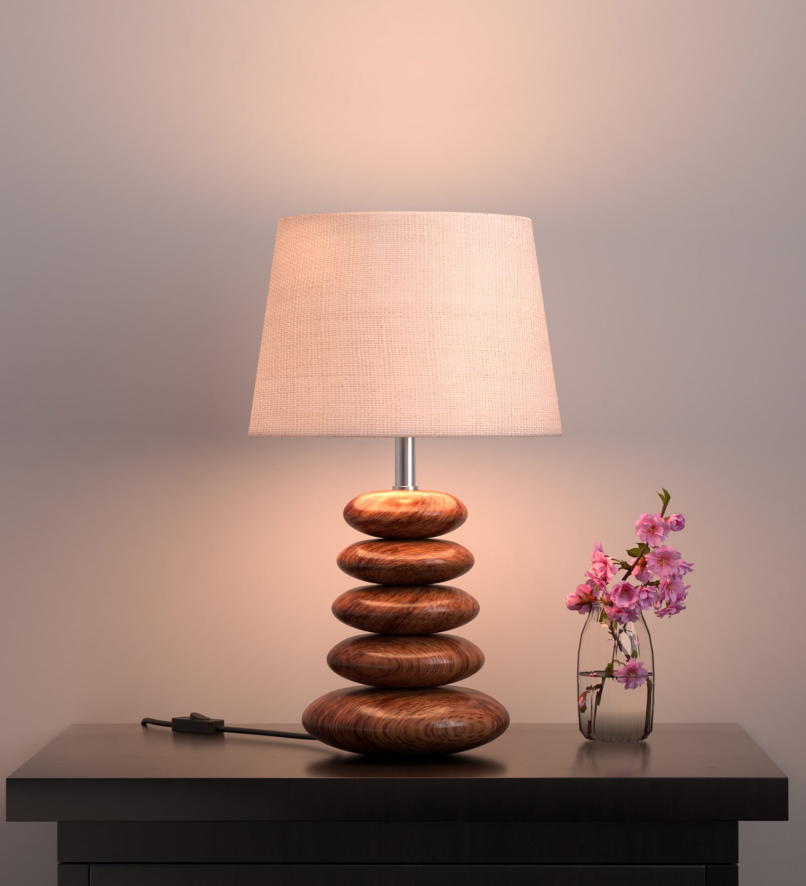 Wooden Pebble Table Lamp 18 Inches Height With 10 Inches Diameter Cream Jute Lamp Shade