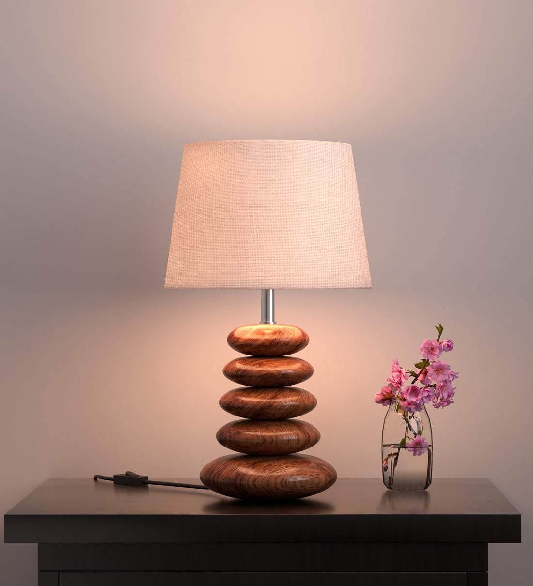 Wooden Pebble Table Lamp 18 Inches Height With 10 Inches Diameter Cream Jute Lamp Shade