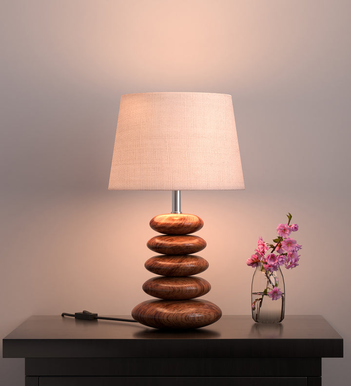 Wooden Pebble Table Lamp 18 Inches Height With 10 Inches Diameter Cream Jute Lamp Shade