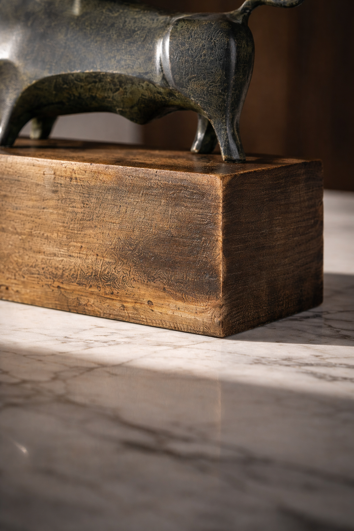 Bronze Crest Charging Bull Sculpture with Glass Base – Modern Aluminum Tabletop Décor