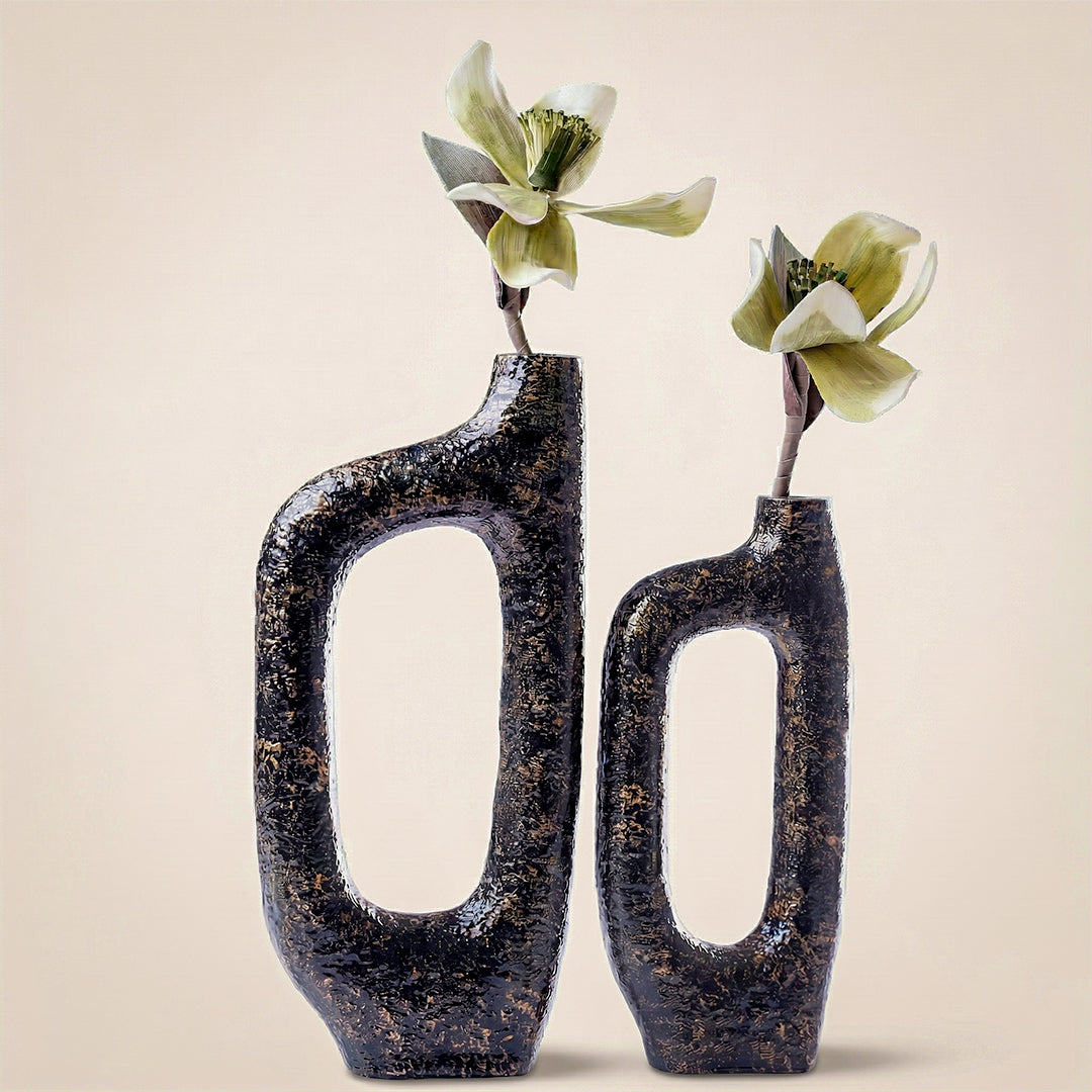 Bugle Back Sculptural Aluminum Vase Set – Textured Decorative Vases (Set of 2)