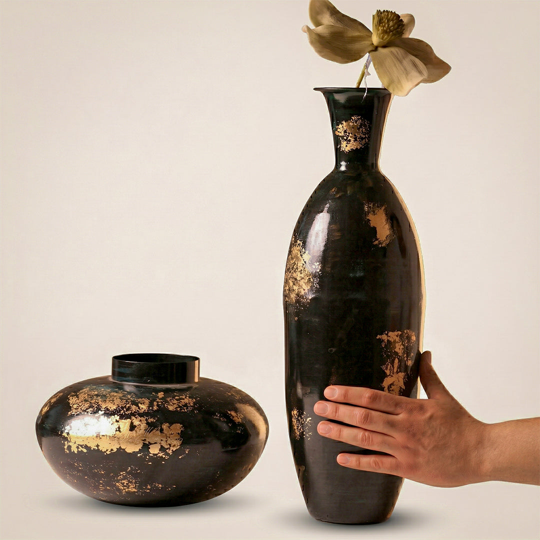 24K Gold Platina Iron Vase Set – Black & Gold Luxury Decorative Vases (Set of 2)