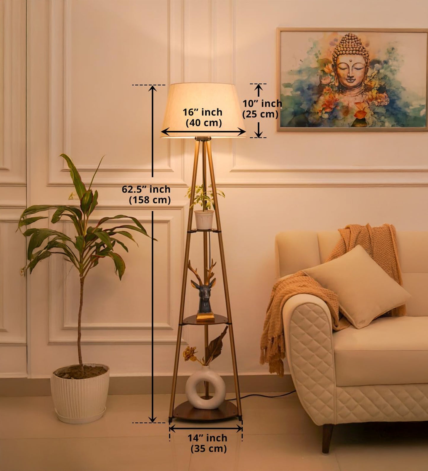Antique Brass 3-Shelf Floor Lamp (5 ft) – 16″ Shade