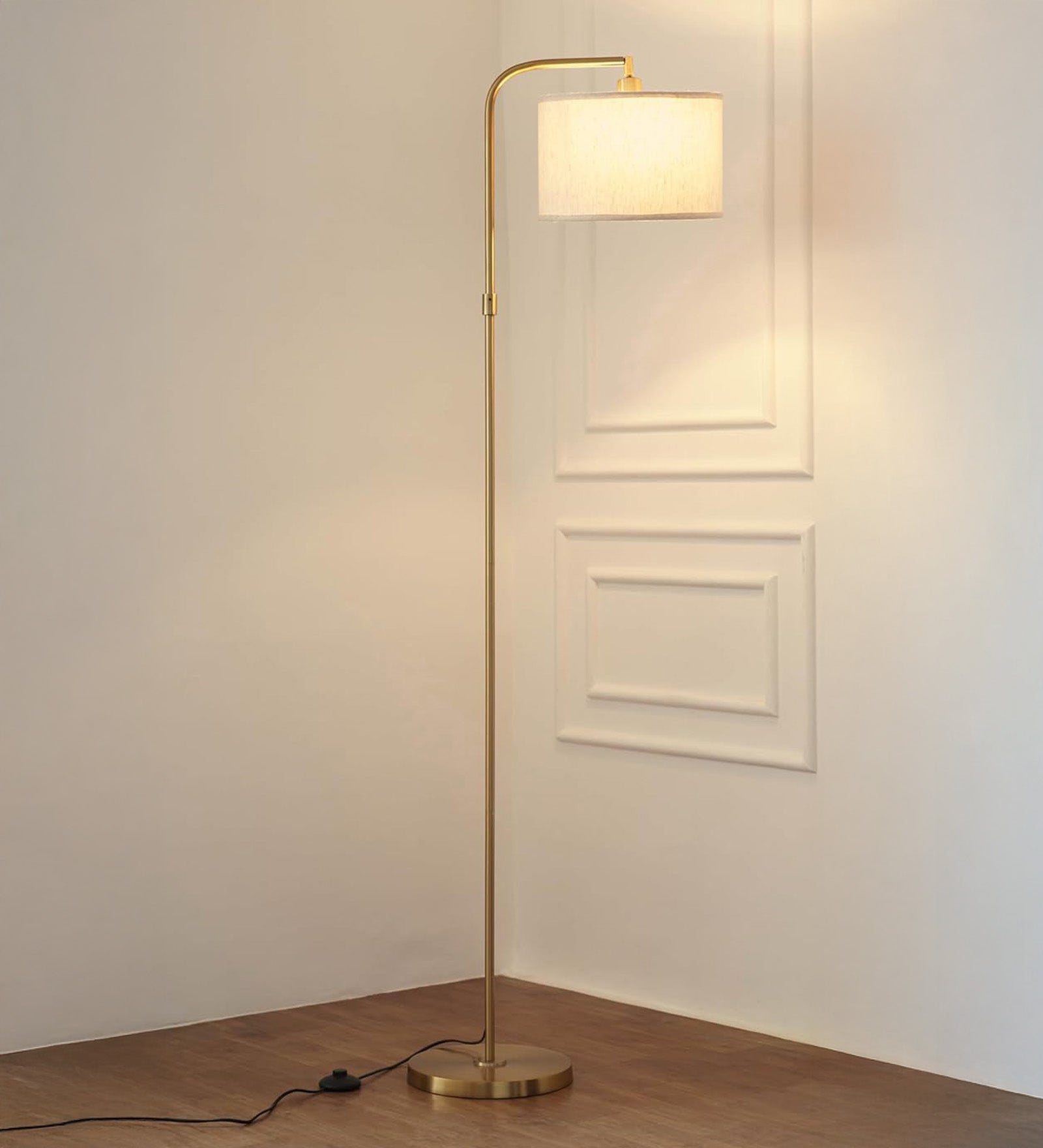 Brass Antique Finish Modern Arc Floor Lamp 6Ft Height with 12 inches Off White Drum Lampshade with Adjustable Shade Angle