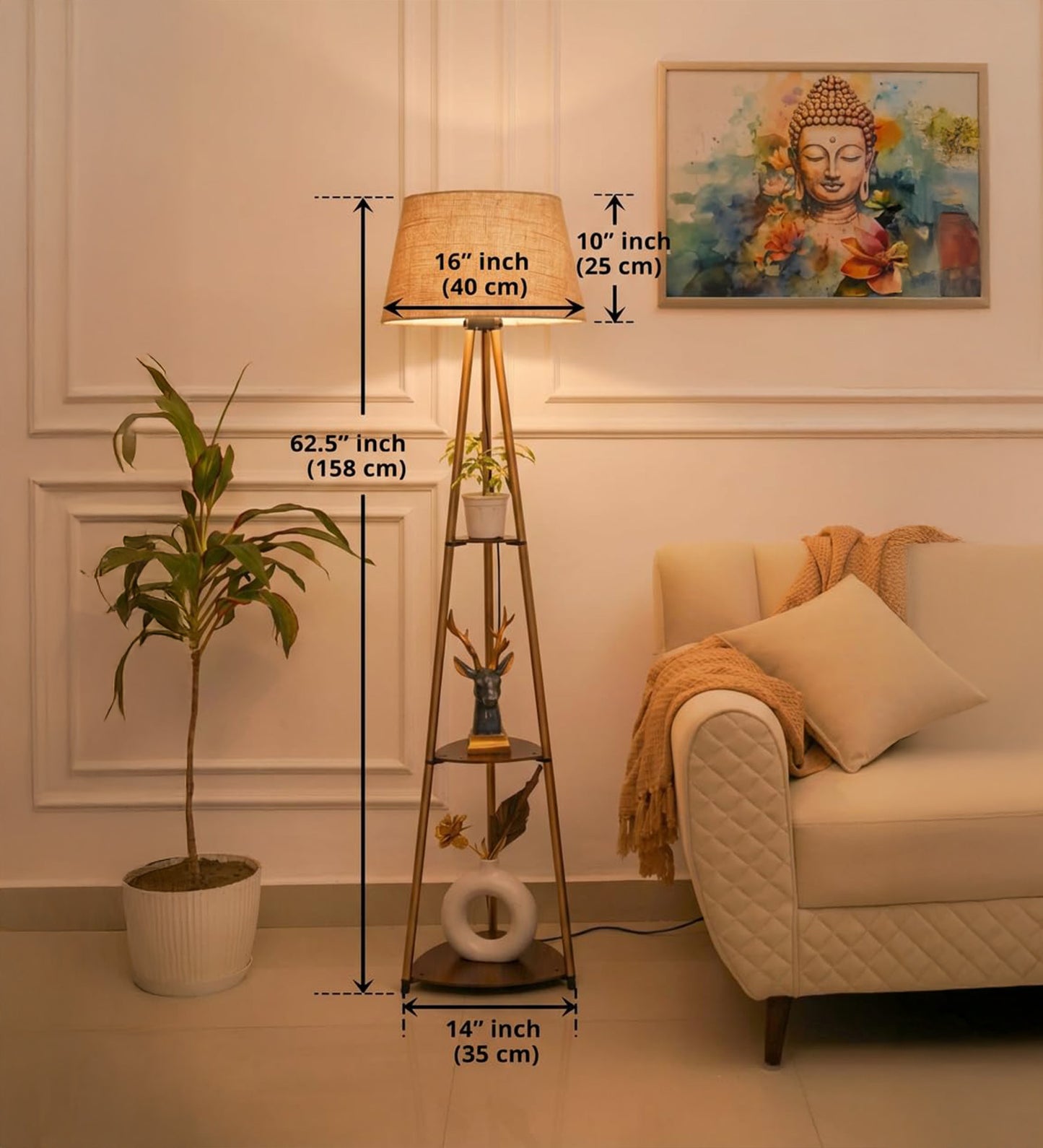 3 Shelf Floor Lamp Antique Brass with Jute Shade