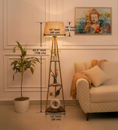 3 Shelf Floor Lamp Antique Brass with Jute Shade