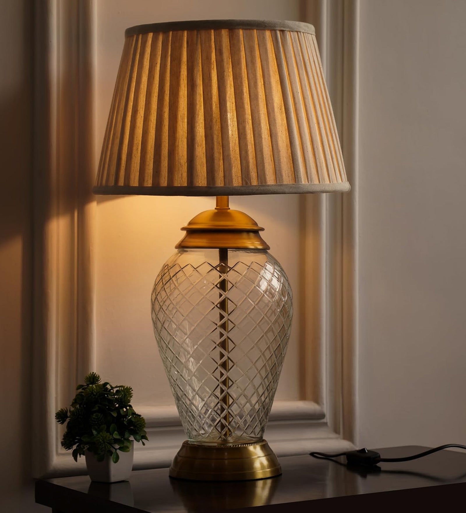Royal Brass Antique Finish And Diamond Cut Glass Table Lamp 23 Inches Height With Off White Pleated 14 Inches Diameter Lampshade