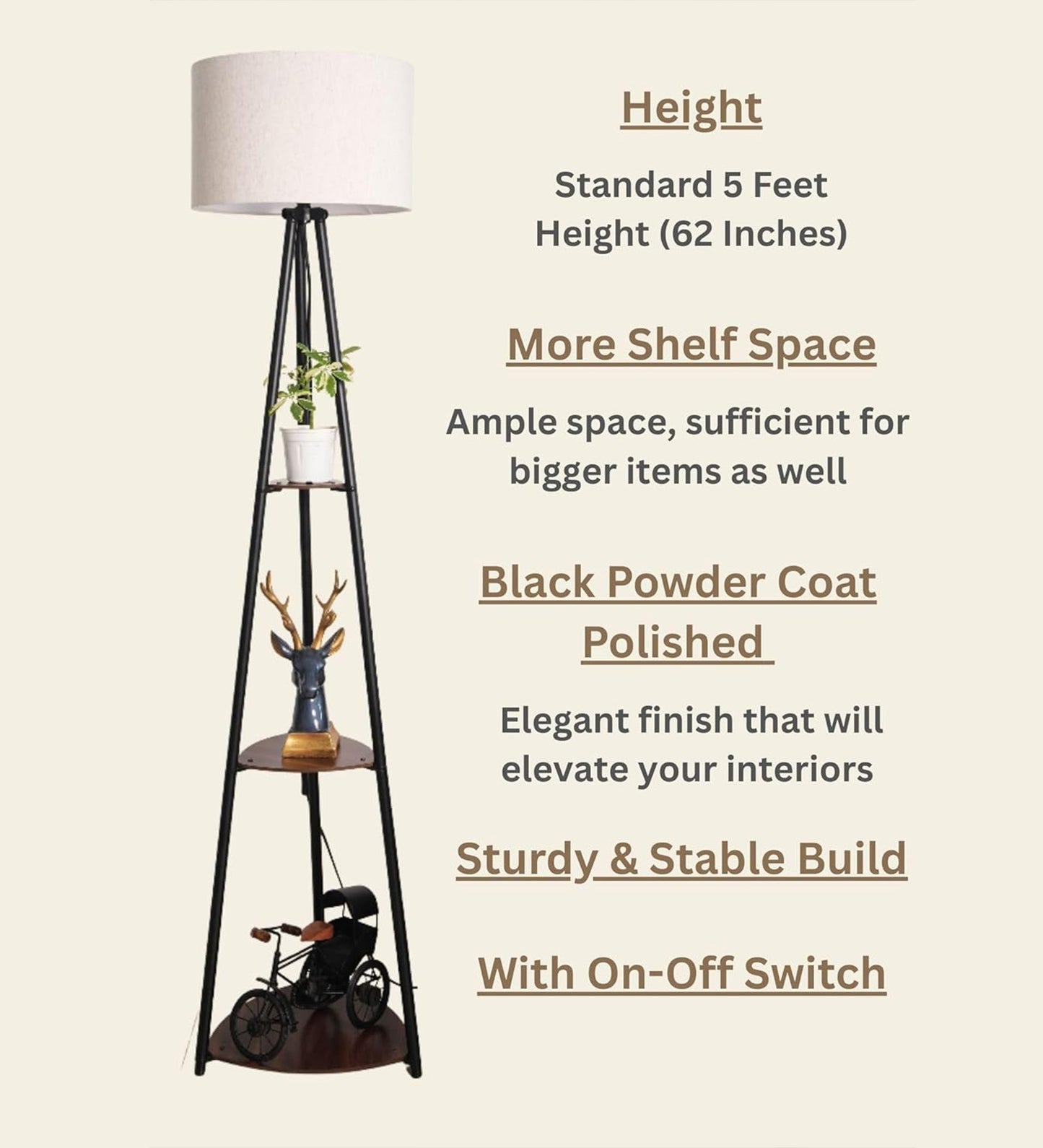 3 Shelf Floor Lamp Black with 14" Drum Shade