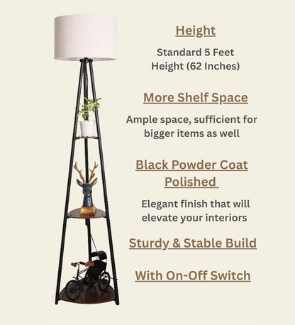 3 Shelf Floor Lamp Black with 14" Drum Shade