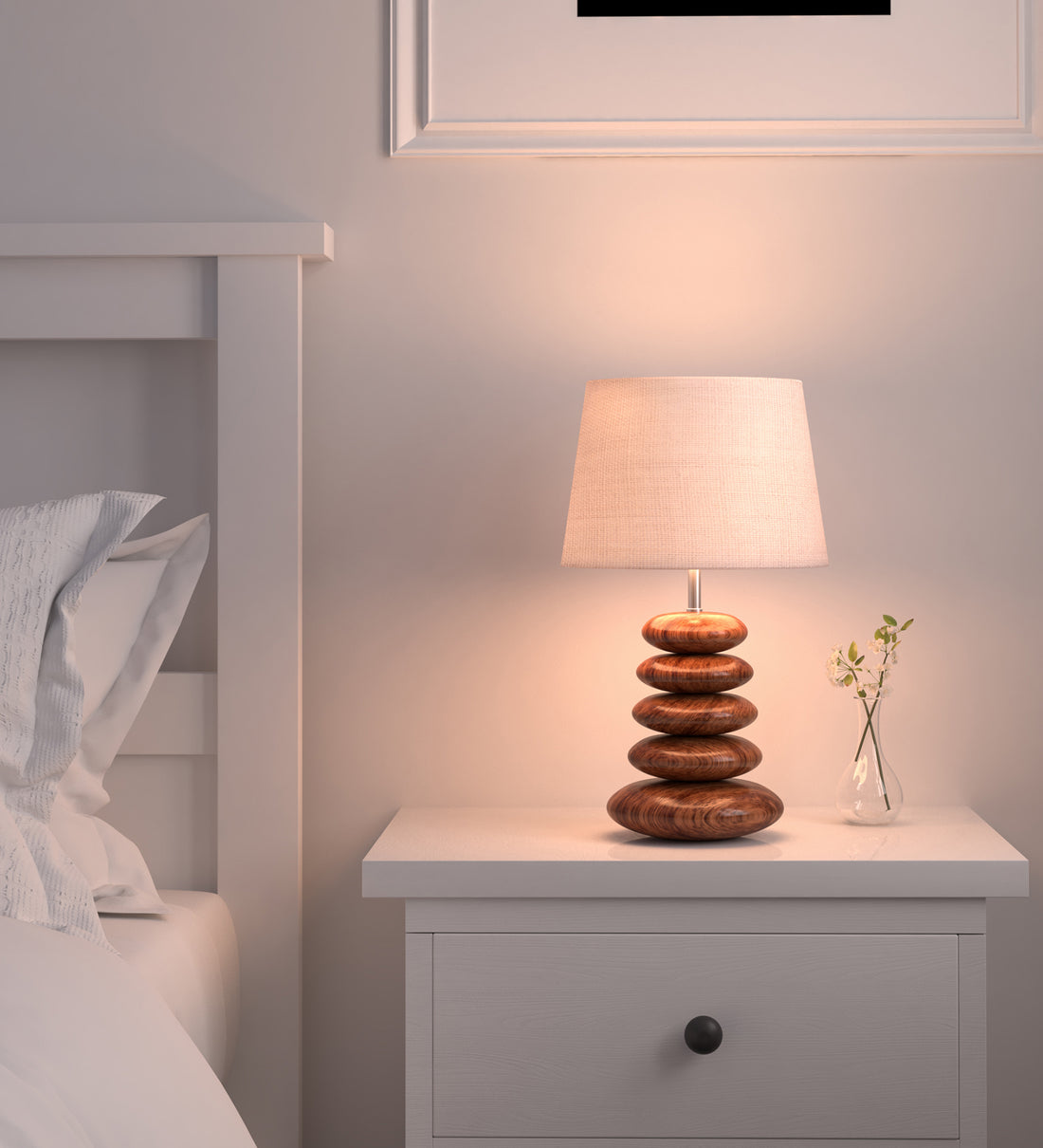 Wooden Pebble Table Lamp 18 Inches Height With 10 Inches Diameter Cream Jute Lamp Shade