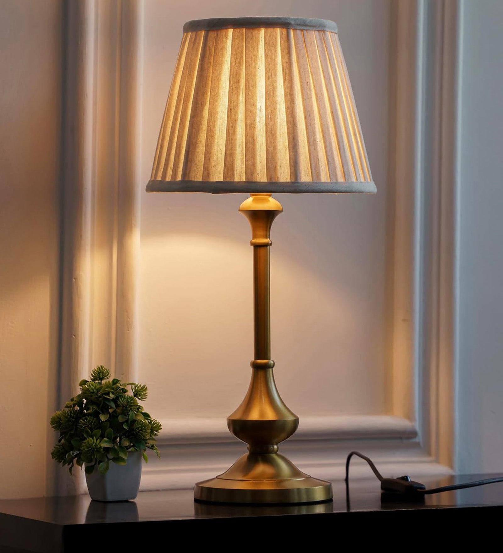 Brass Antique Gold Finish Table Lamp 22 Inches Height with Off White Pleated 10 Inches Diameter Lampshade