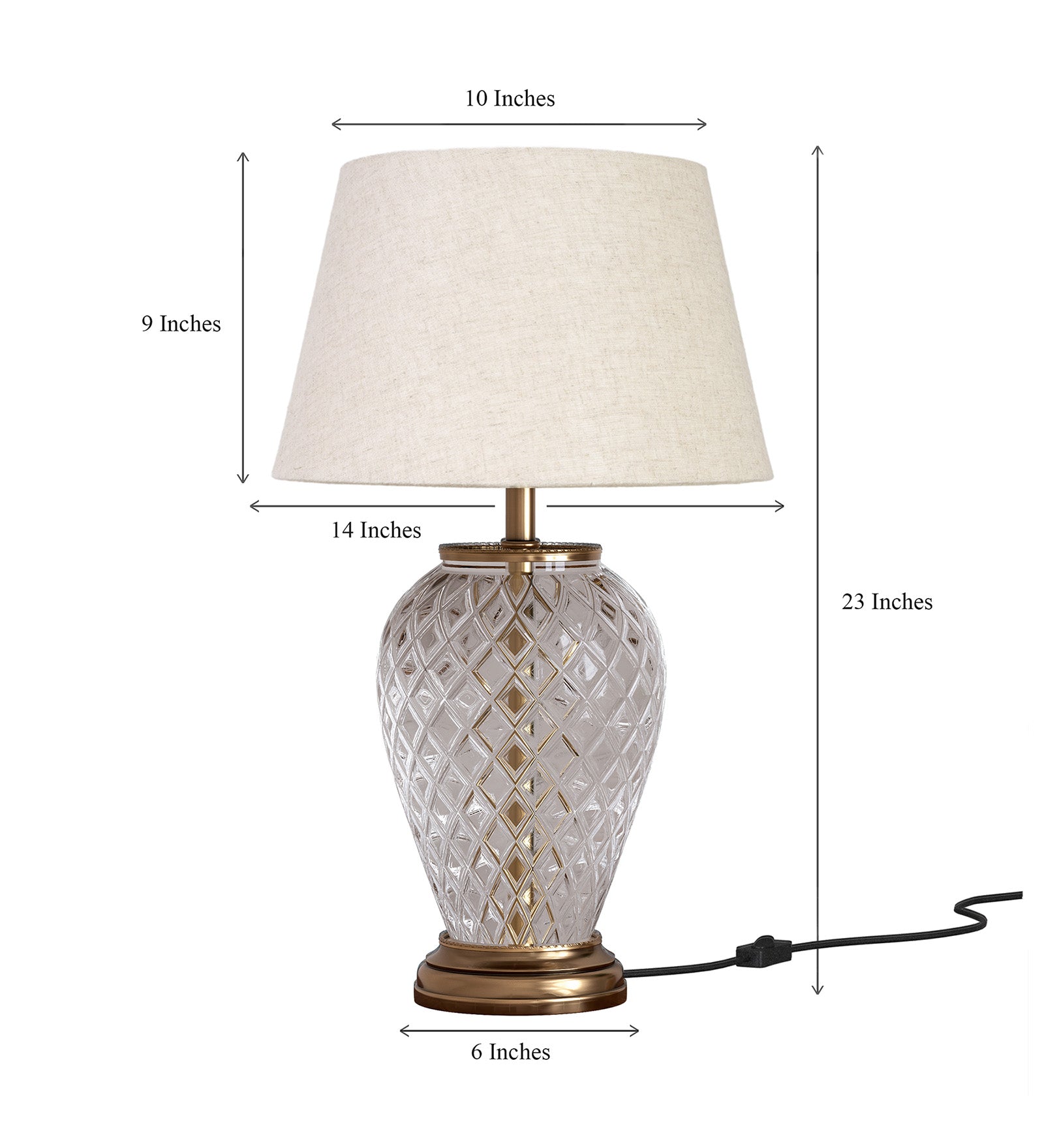 Royal Brass Antique Finish And Diamond Cut Glass Table Lamp 23 Inches Height With Off White 14 Inches Diameter Lampshade