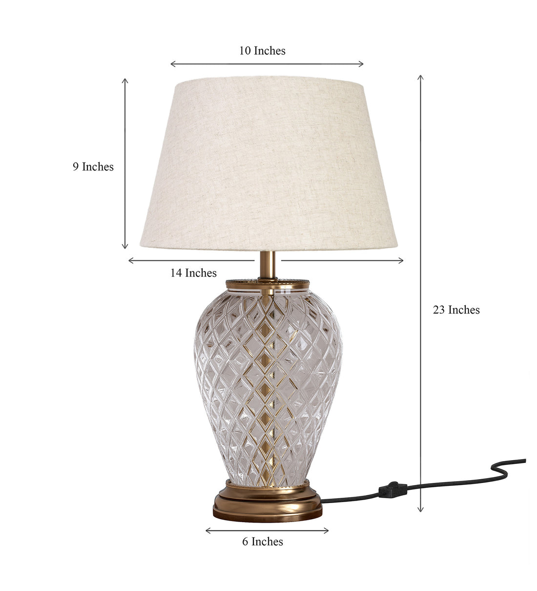 Royal Brass Antique Finish And Diamond Cut Glass Table Lamp 23 Inches Height With Off White 14 Inches Diameter Lampshade